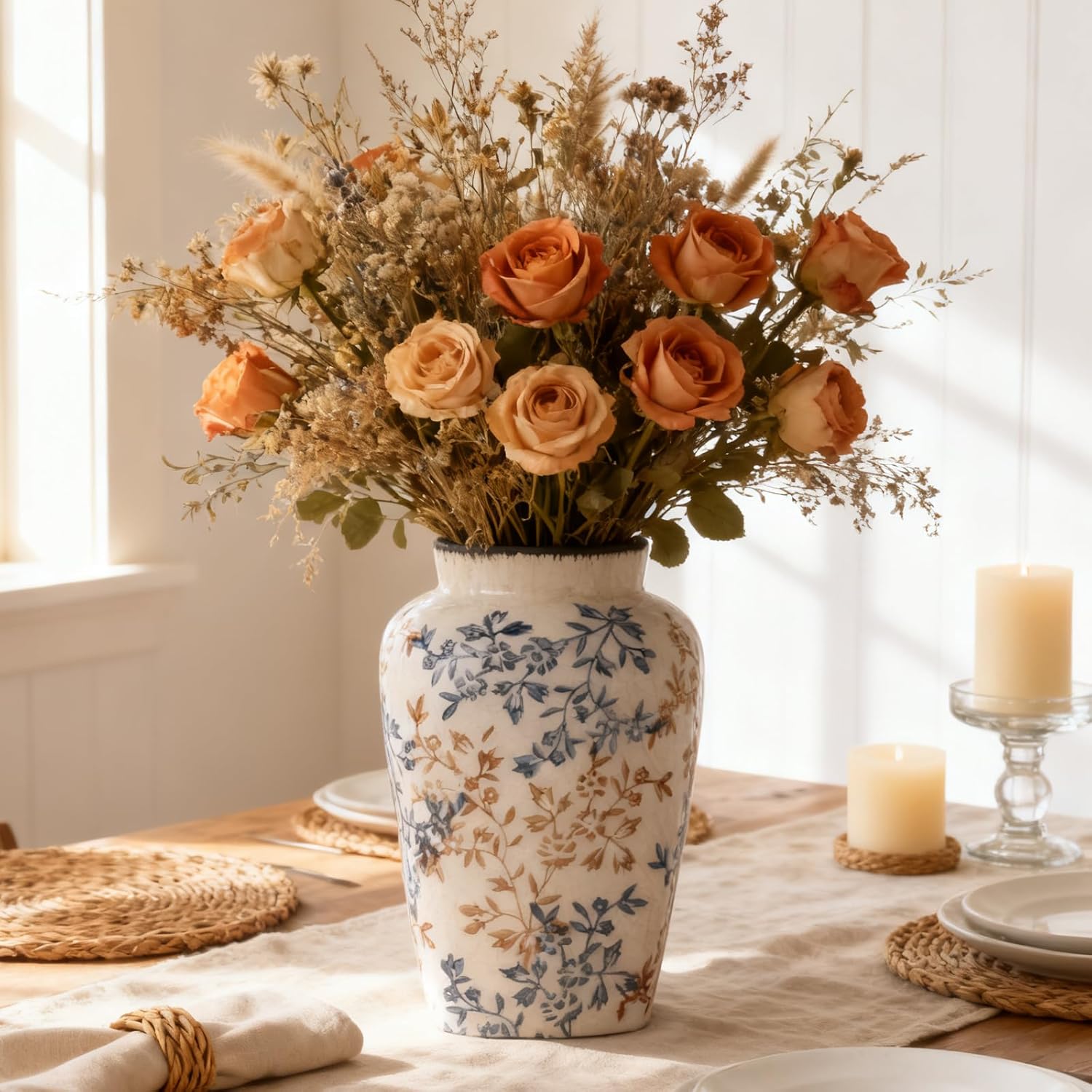 Blue and White Vase, Ceramic Chinoiserie Vase for Home Decor, Vintage Blue Floral Porcelain Vases, Farmhouse Pottery Flower Vase for Living Room Kitchen Table Shelf Mantel, Blue and White Decor Accent