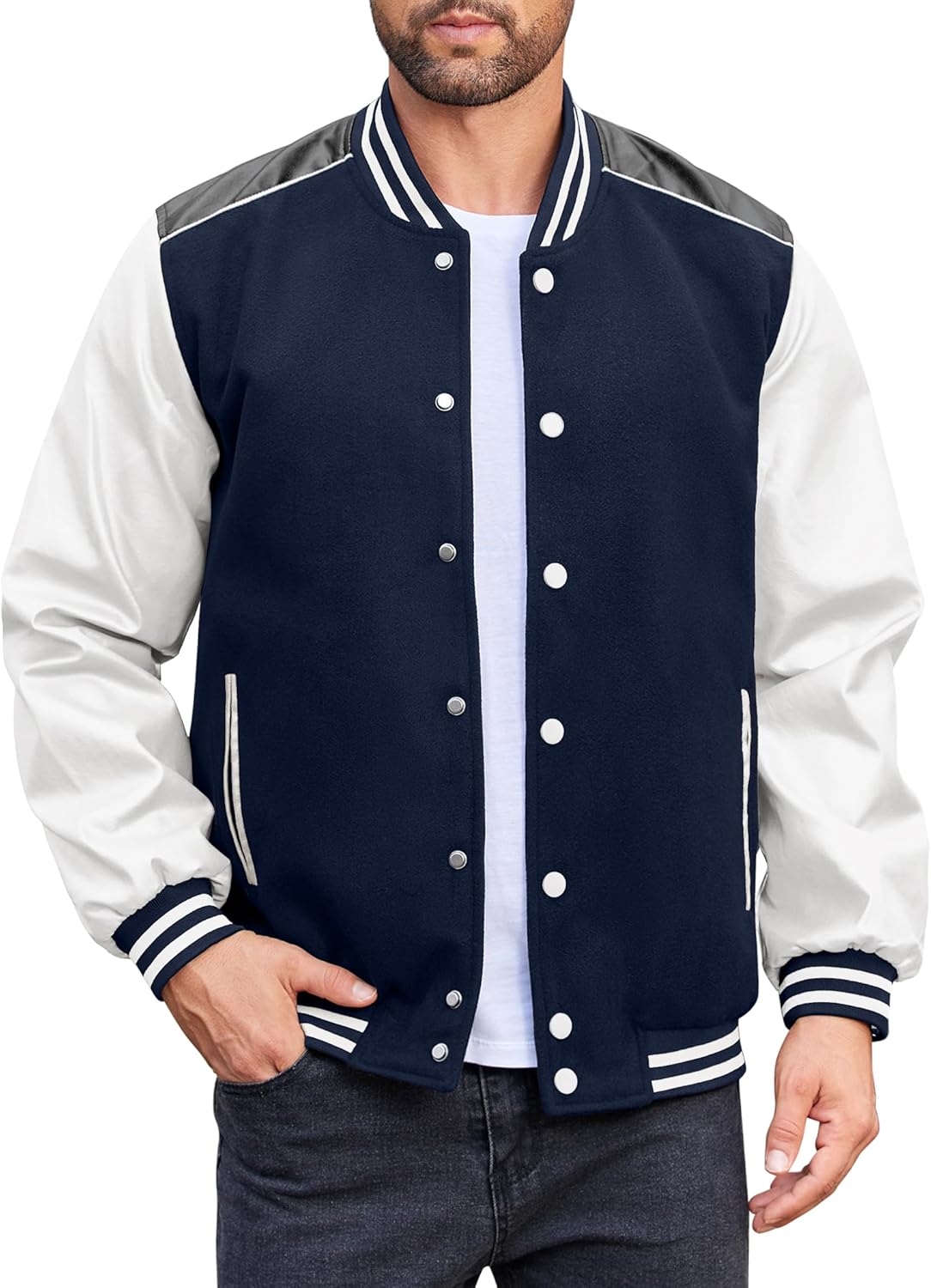 COOFANDY Mens Varsity Jacket Casual Leather Sleeve Baseball Letterman Bomber Jacket Coat