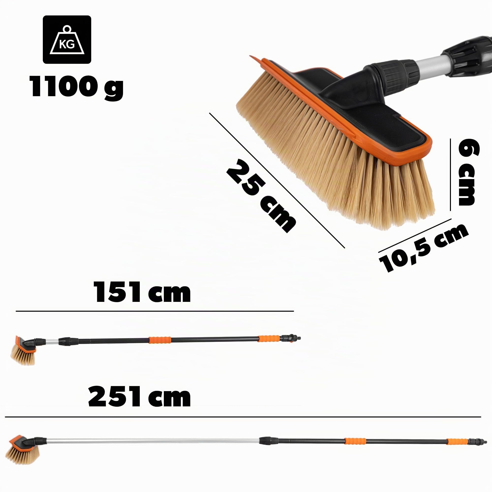 KADAX Teleskop Waschbürste mit Wasseranschluss, Ausziehbare Autowaschbürste mit Teleskopstiel, Teleskopbürste mit weichen Borsten, Reinigungsbürste (151-251cm)