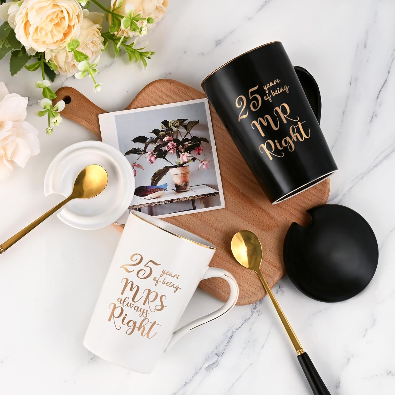 YHRJWN 25th Anniversary Presents, 25th Wedding Anniversary Presents for Couple Parents, 25th Mr Right Mrs Always Right Coffee Mugs, His and Hers Gifts, 14 Oz with Lids, Spoons and Gift Box - Image 4