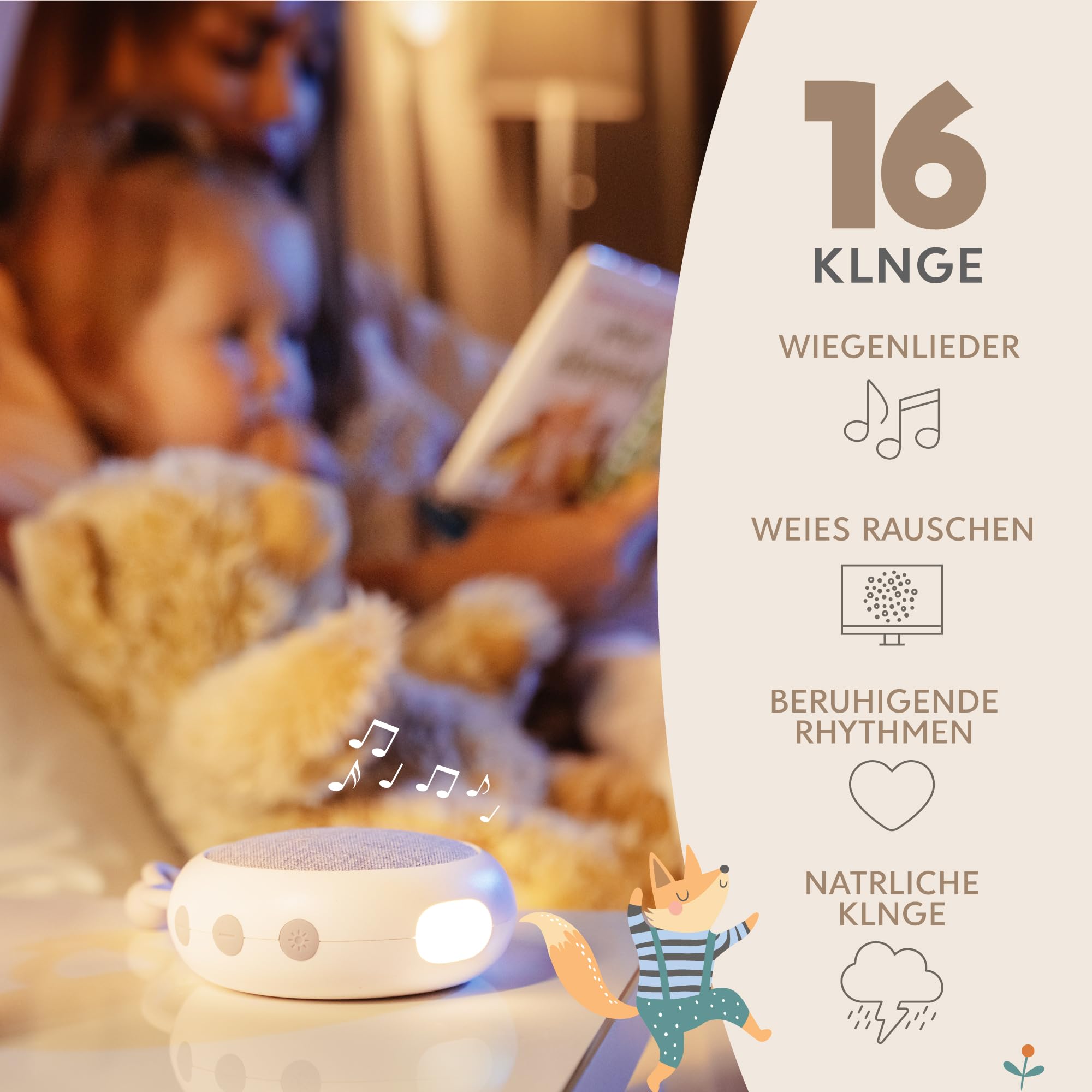 Sweety Fox White Noise Machine Baby - Weiß - Einschlafhilfe Babys, Wiegenlied, Nachtlicht und Weißes Rauschen Baby, 15 Klänge, USB Aufladbar