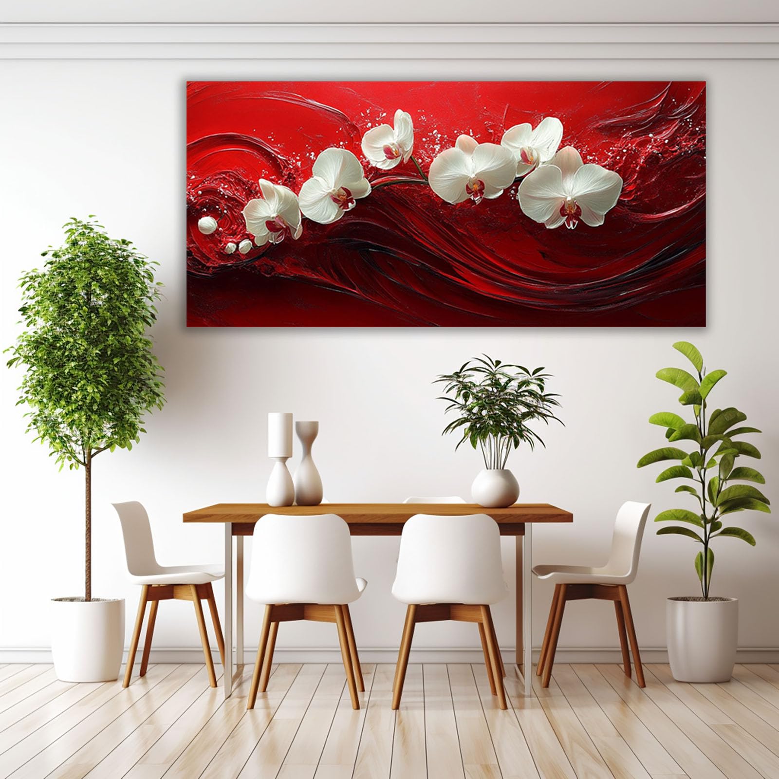 AMXBZC Nowoczesne obrazy piękne kwiaty mural sztuka na płótnie natura, zielona roślina liście plakat ścienny do salonu sypialni (czerwony-70x140cm bez ramki