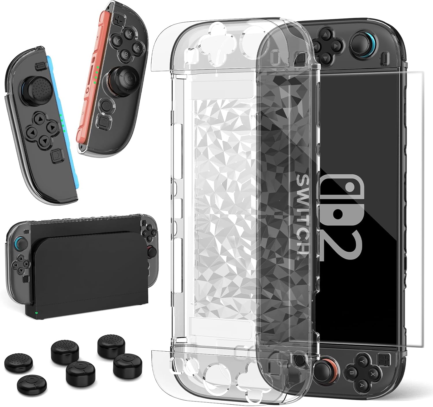 HEYSTOP Switch 2 Case for Nintendo Switch 2, Protective Case Cover for Nintendo Switch 2 with Grip Controller, Clear Diamond Switch 2 Case with Tempered Glass Screen Protector and Thumb Stick Caps