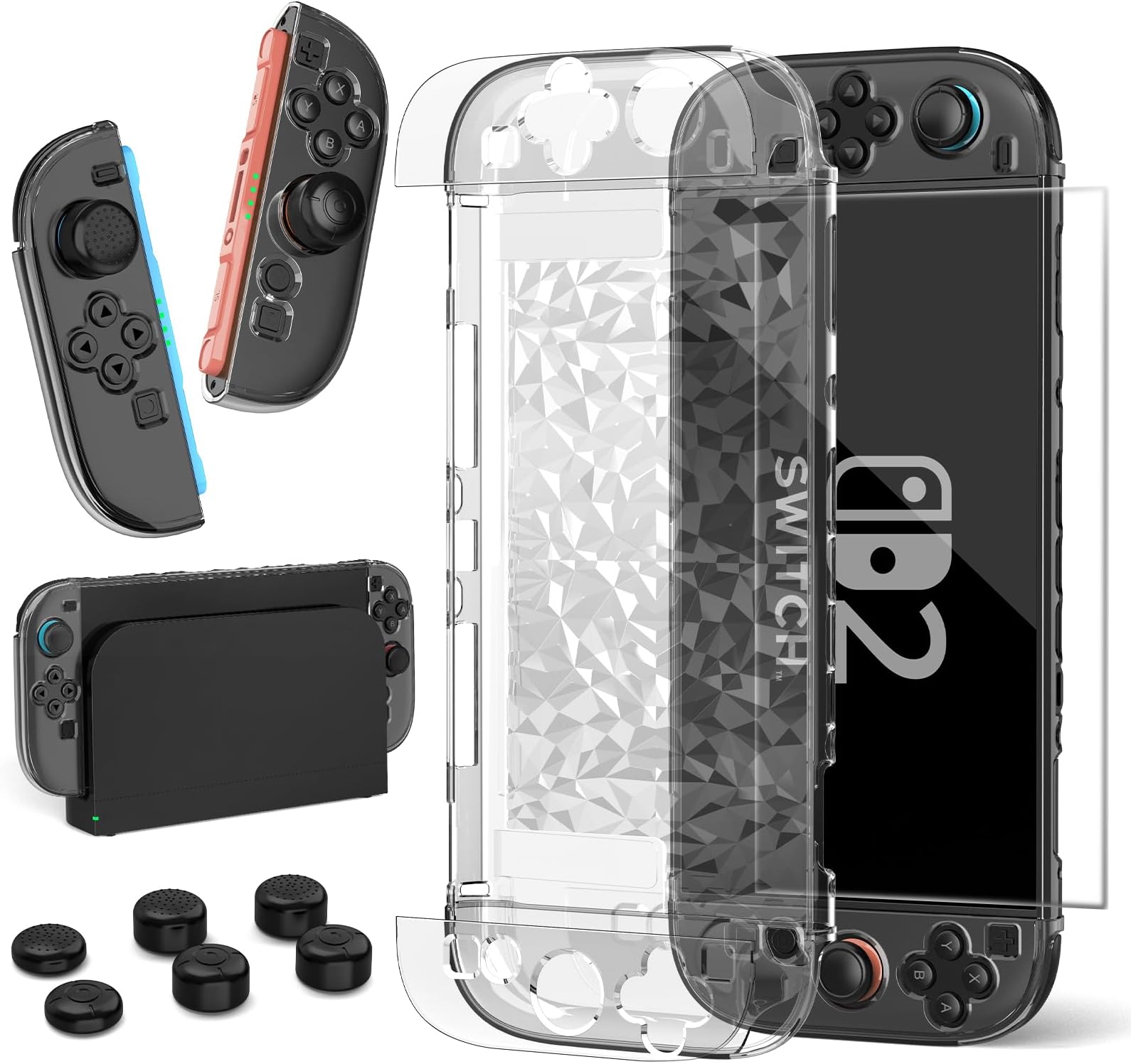 HEYSTOP Case Compatible with Nintendo Switch with Protective Film, Transparent Protective Case for Nintendo Switch Accessories with Switch Protective Film and Grip Cover Case, Shock Absorption and