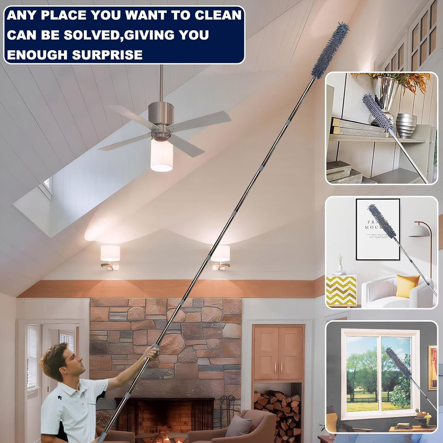 20+ Feet High Reach Duster Kit with 3-14 ft Extension Pole for Cleaning Fan, Spider Web, High Ceiling, Blinds, Furniture, Cars - Cobweb Microfiber Duster // Outdoor & Indoor Extendable Duster