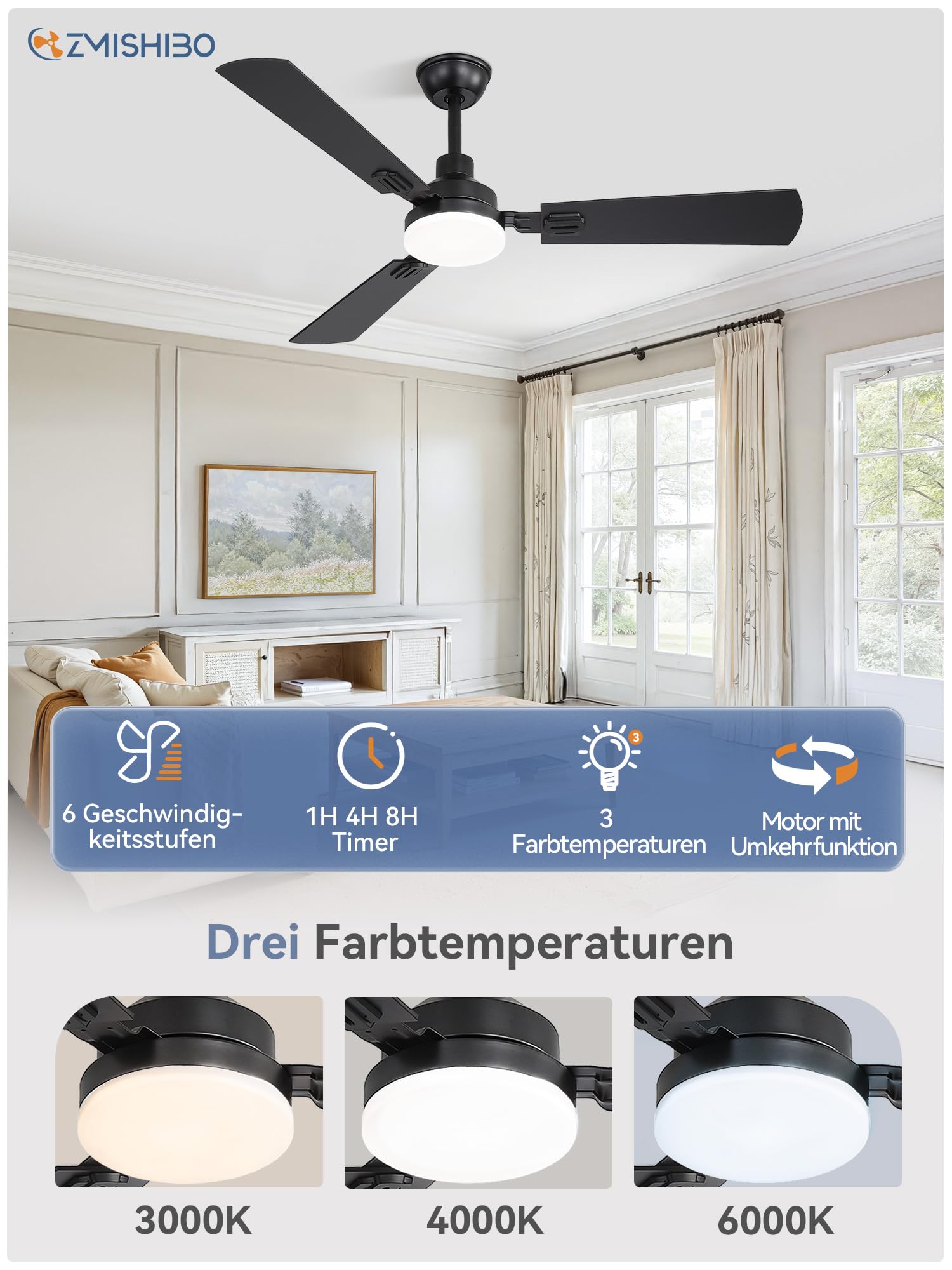 ZMISHIBO Deckenventilator mit LED-Licht 132 cm,Fernbedienung,2 Stangen,Innen & Außen,CCT 3000K-6000K,DC-Motor umkehrbar,leise,6 Geschwindigkeiten,Timer 1 h / 4 h / 8 h,Schwarz + Nussbaum