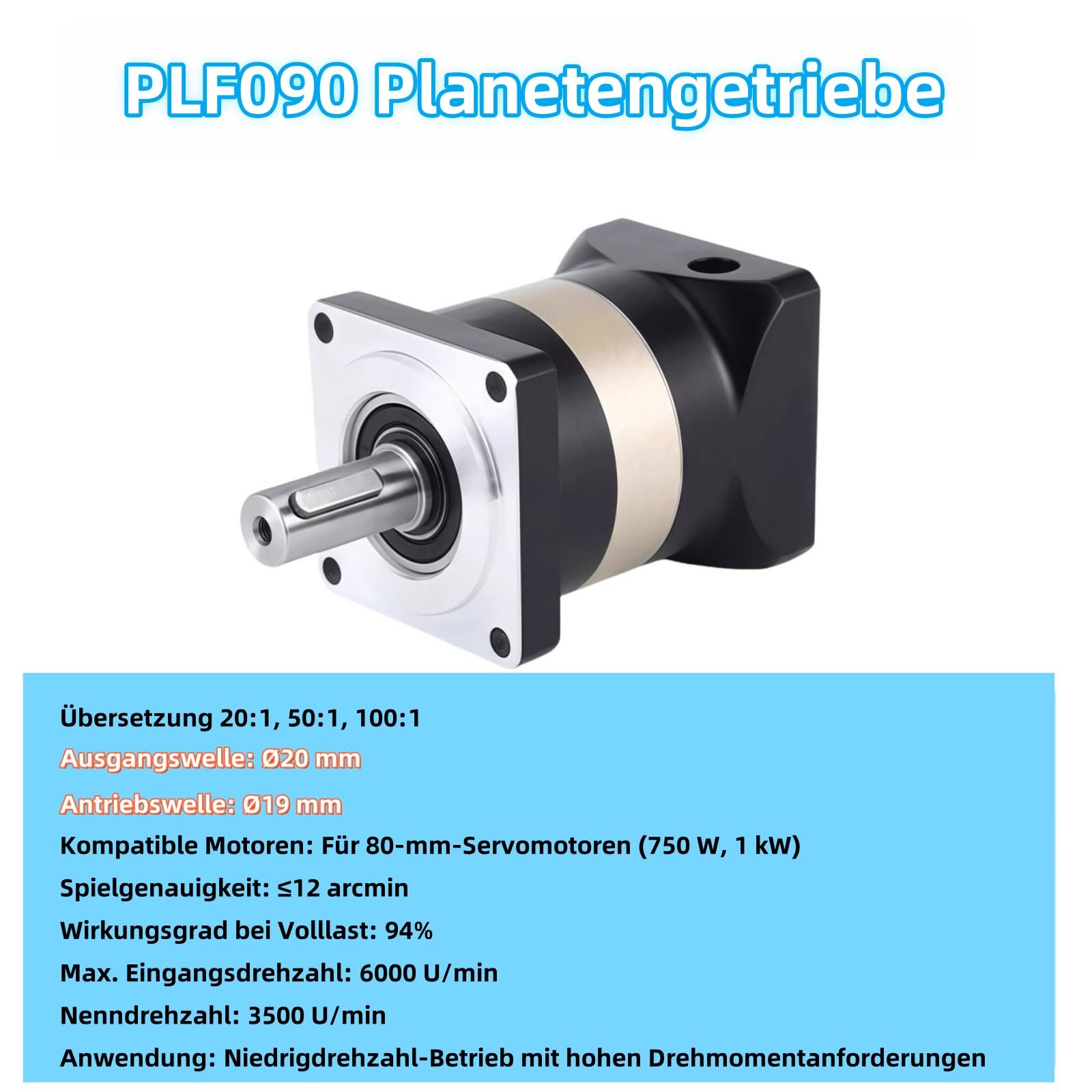 Planetengetriebe Speed Reducer Gear Head Ratio 50:1 Backlash 12 arc-min für 19mm Eingangswelle 750W 1KW 80mm Servomotor, Planetengetriebe 3500RPM Gear Box Reducer für CNC-Drehmaschine Reducer
