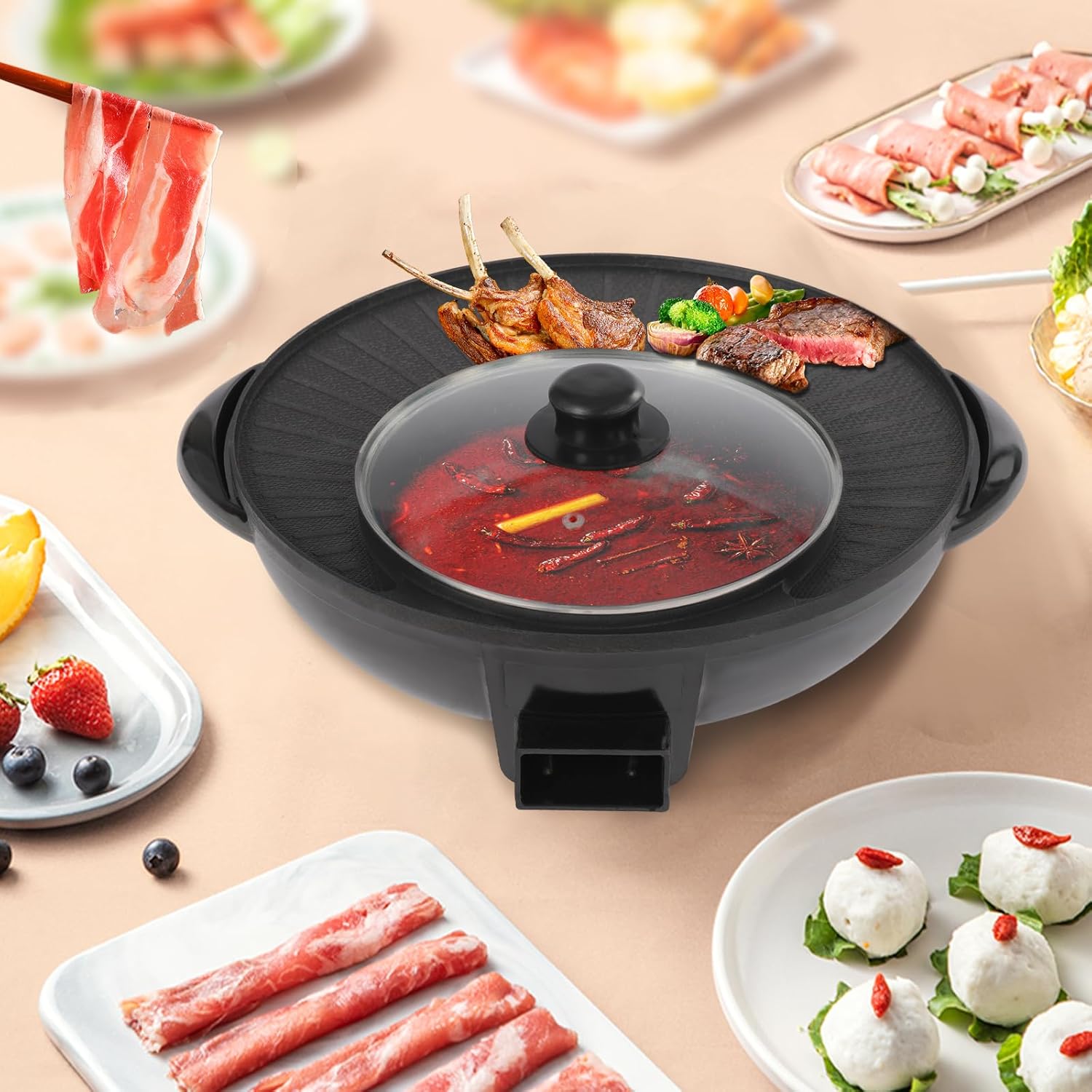 Circular Edition Hotpot Grill Combo Indoor BBQ, Electric Hot Pot with Divider, Portable Smokeless Grill