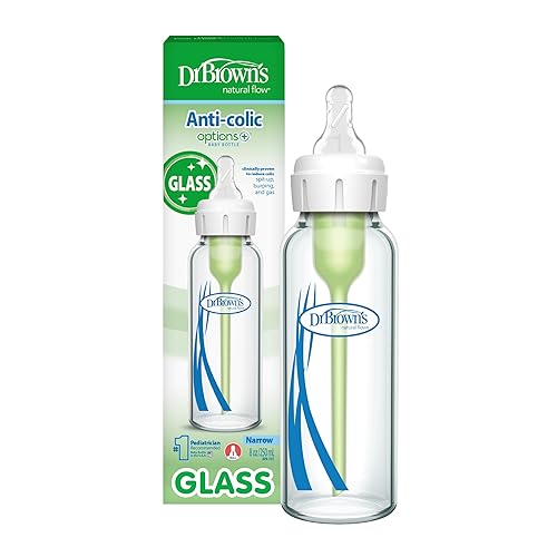 Dr. Brown's Anti-Colic Options+ Narrow Glass Baby Bottle with Level 1 Slow Flow Nipple, BPA-Free, 8 oz/250 mL, 0m+, 1-Pack (Packaging May Vary)