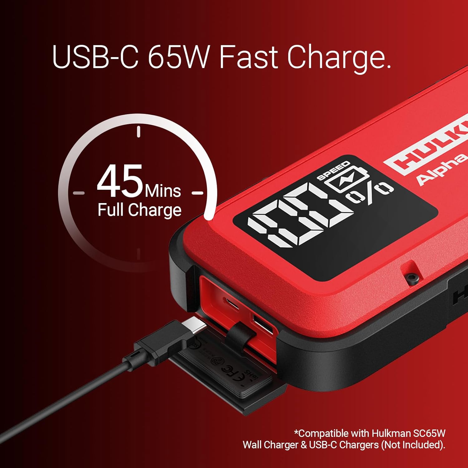 Hulkman Alpha,Ultra Red,1000A 37Wh Jump Starter, Portable, Stylish,12V Jump Box with Jumper Cables,45-Min Full Recharge,24-Month Standby,3-Step Easy Start,IP65,LED Display,for 6.5L Gas/3.0L Diesel