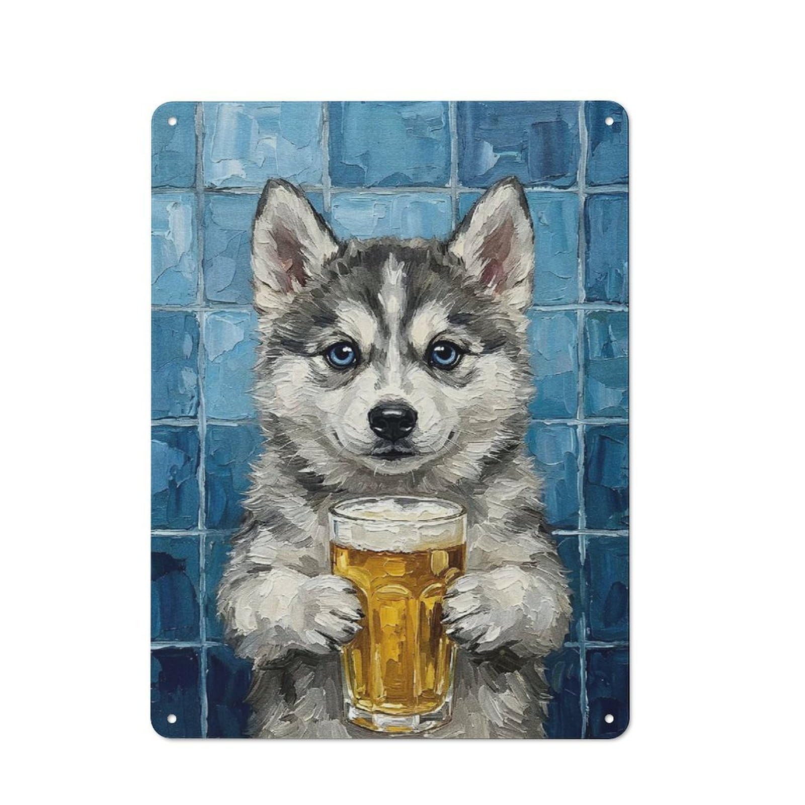 Junmoney Style-9 Tin Wall Plaque 40X30cm With Husky Puppy With Beer Painting For Hallway Wall, Suited To Hallway Decor Lovers, For Retro Home Interiors