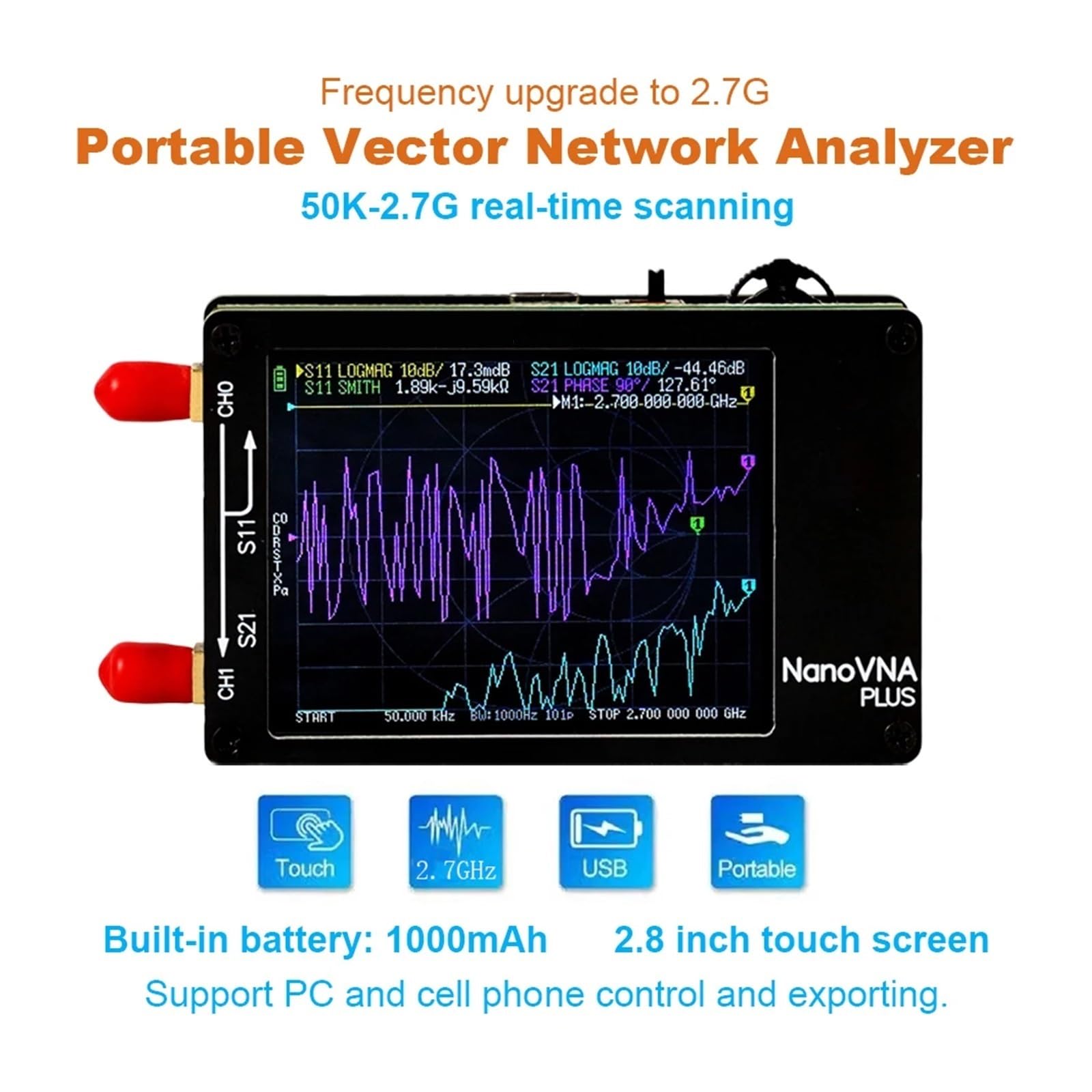 Analizador de red vectorial de 50 kHz a 2,7 GHz, 1000 mAh, Nanovna Plus, herramienta de prueba de antena, herramienta de medición de reflexión(Analyzer 32G SD Card)