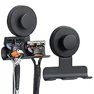 No-Drill Suction Cup Razor and Shaver Holder, Stainless Steel Shower Hook for Towel & Loofah, Damage-Free Reusable Bathroom Wall Organizer 2 Pack Matte Black