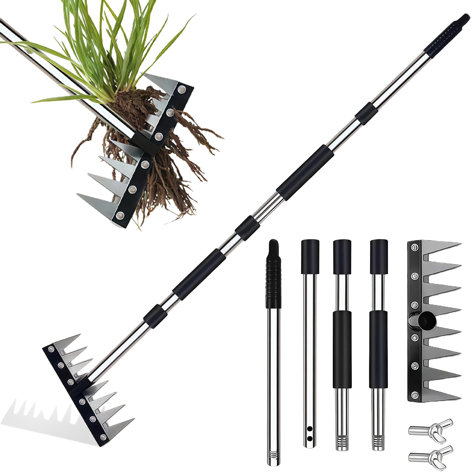 Garden Rake, Manganese Steel Rakes for Gardening, 155cm/5FT Garden Rake Heavy Duty, 8 Teeth Metal Weeding Rakes with Stainless Steel Handle, for Loosening Soil Leveling Lawn