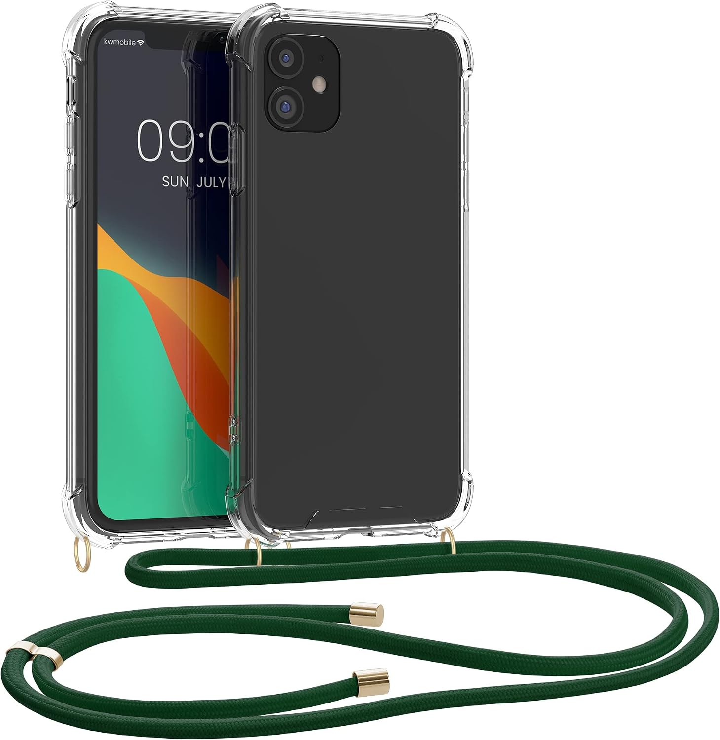kwmobile Crossbody Case Compatible with Apple iPhone 11 Case - Clear TPU Phone Cover w/Lanyard Cord Strap - Transparent/Dark Green