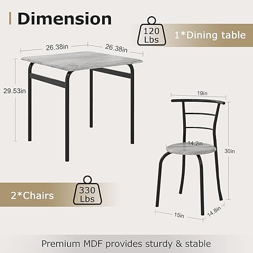 Miniatura 2 de VECELO Juego de mesa y sillas de comedor de 3 piezas para 2, juego de comedor cuadrado de metal y madera para espacios pequeños, rincón de desayuno,