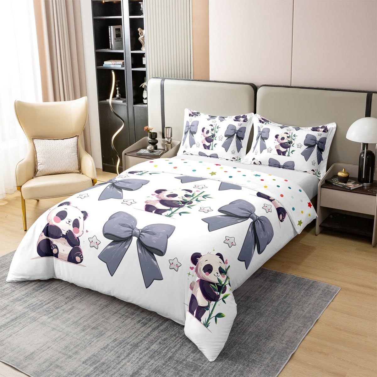Homewish 100% bawełna urocza panda poszewka na kołdrę pojedyncza, szara kokardka poszewka na kołdrę dla dzieci chłopców dziewcząt, kawaii zwierzę kokarda zestaw pościeli, kreskówka akwarela kokardki