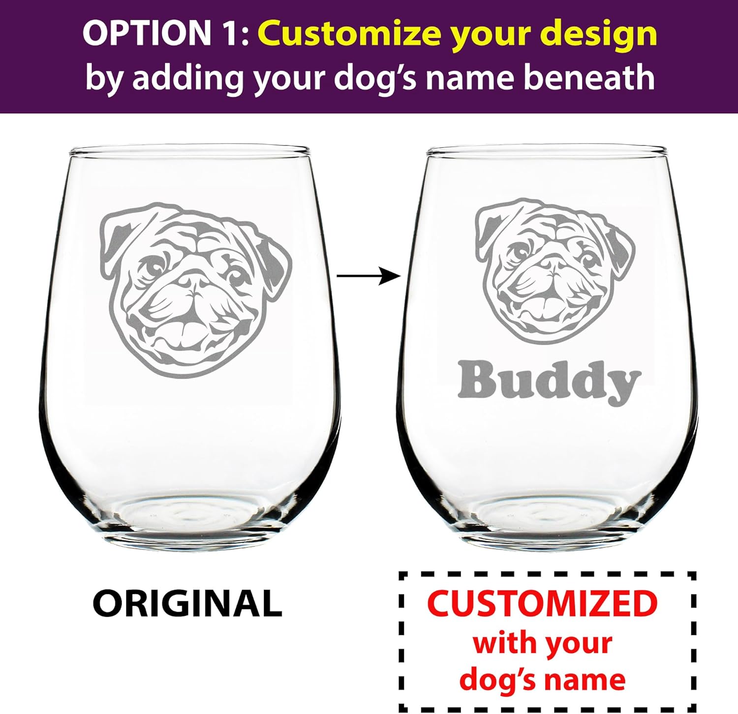 Custom Happy Pug Stemless Wine Glass - Cute Dog Themed Decor and Gifts for Moms & Dads of Pugs - Large 17 Oz Glasses - Customized Glasses