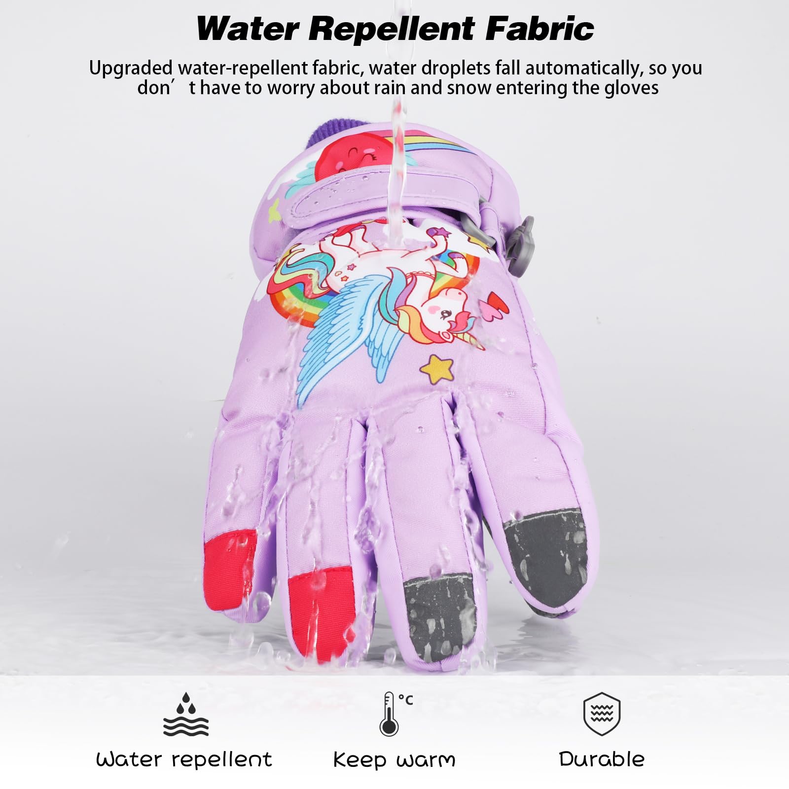 QKURT Kinder-Skihandschuhe, Dicke warme Winterhandschuhe, Winddichte Schneefäustlinge, Kinder-Einhorn-Skihandschuhe, Handschuhe für kaltes Wetter für 2–13 Jahre