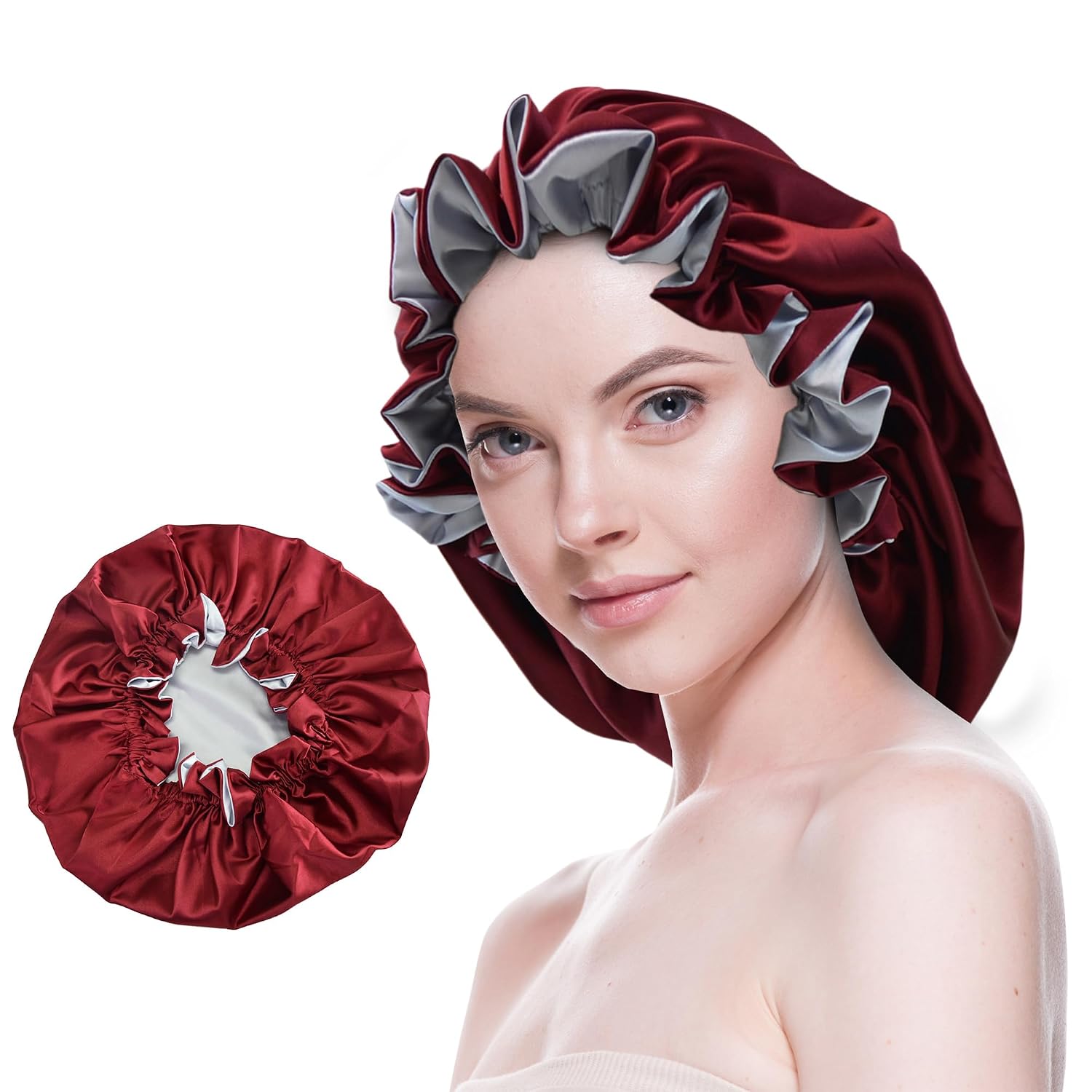 Silk Bonnet for Sleeping Satin Bonnets Double Layer Reversible Hair Cap Bonnet for Women Long Curly Braid Hair (Black)