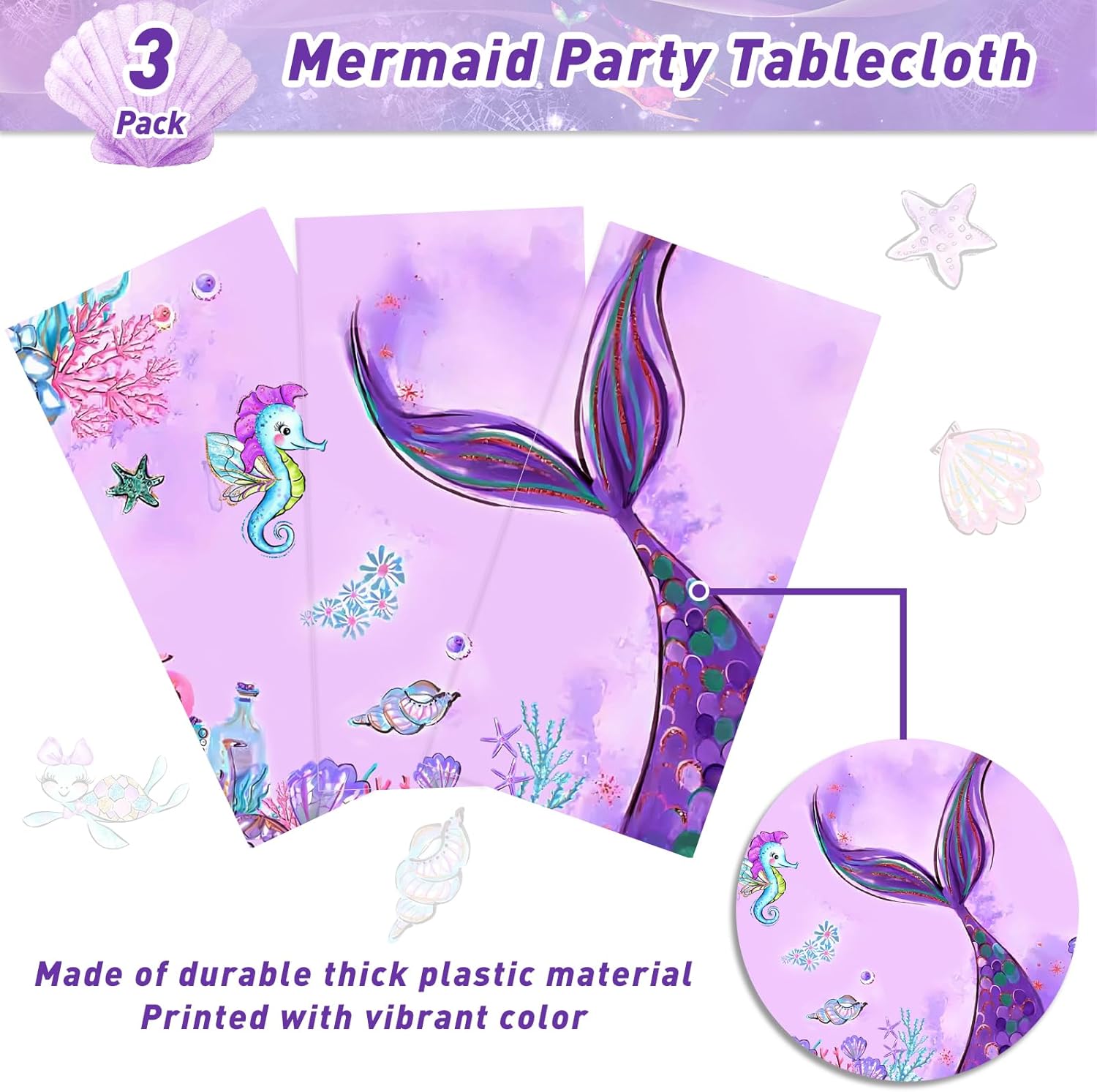 3Pcs Mermaid Tablecloth Birthday Decorations,Purple Disposable Plastic Table Cover for Princess Girls Baby Shower Decorations,Little Mermaid Themed,Under the Sea,Ocean Theme Summer Party Supplies