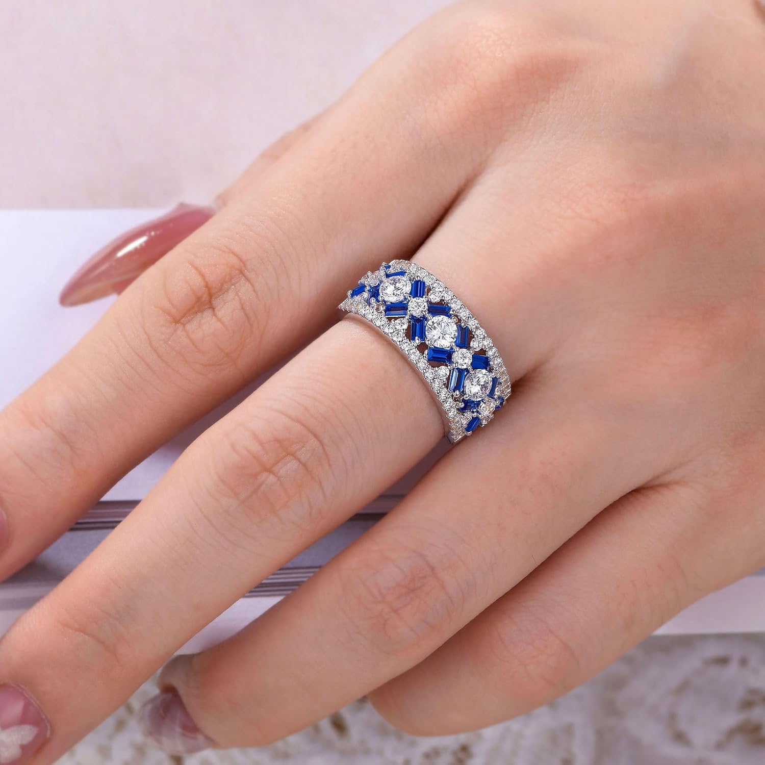 SHELOVES White CZ and Blue Created Sapphire Wide Wedding Bands for Women Elegant White Gold Baguette Rings 5-10