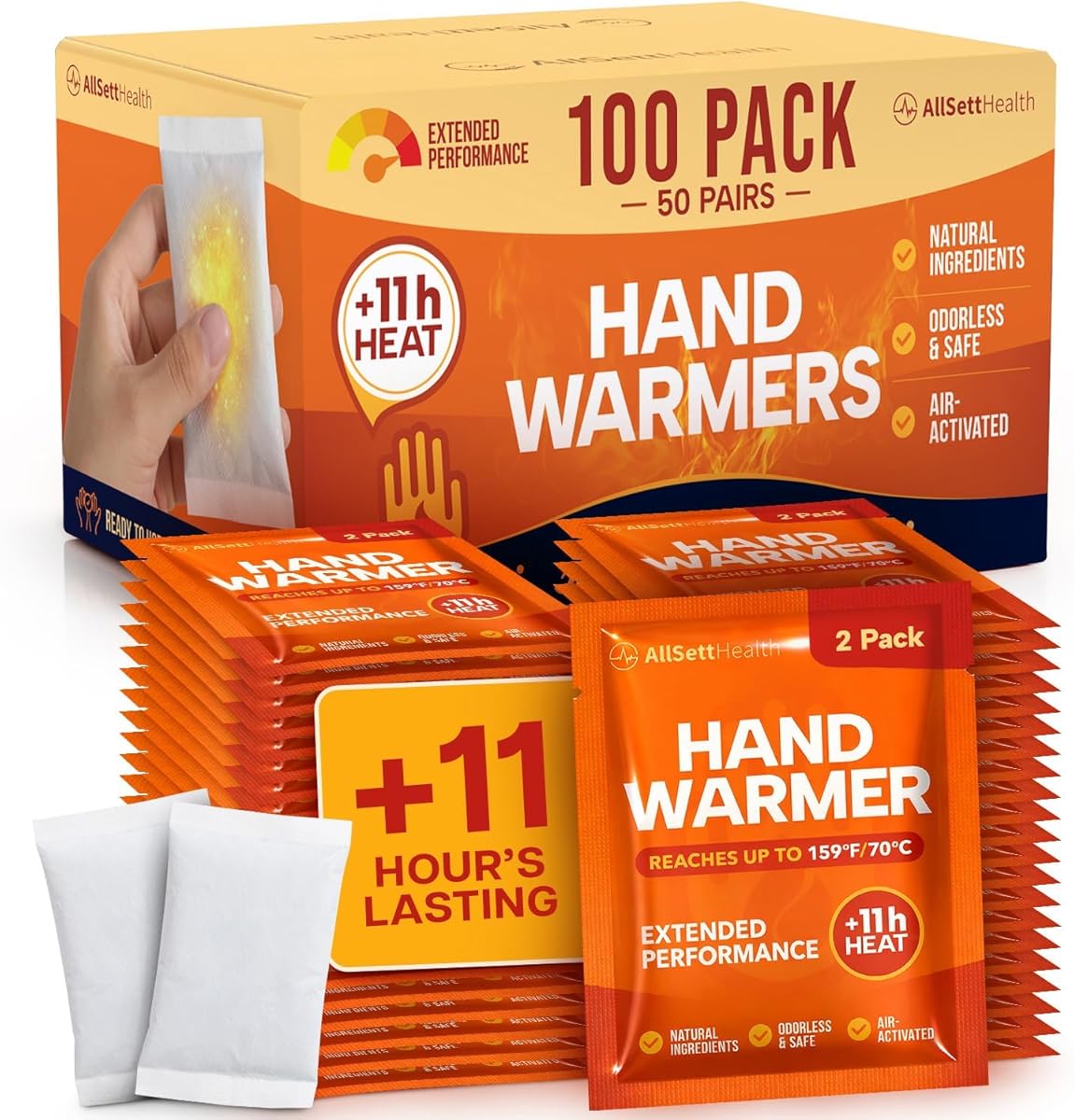 Hand Warmers Disposable Pack 50 Pairs (100 Warmers) 11+ Hour Air-Activated Hot Hands Hand Warmers Bulk - TSA Approved Pocket & Glove Warmers for Skiing
