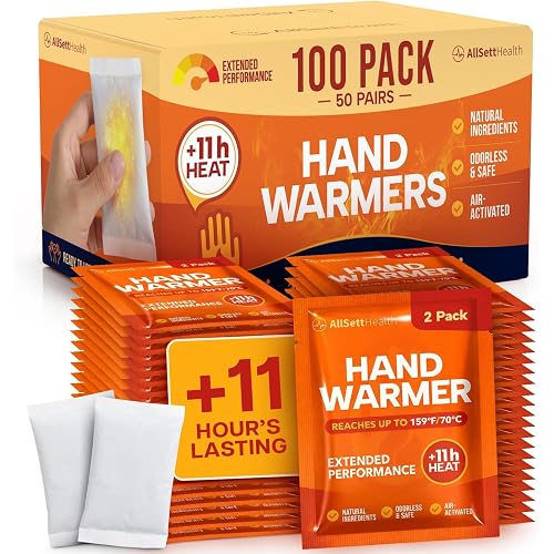 Hand Warmers Disposable Pack 50 Pairs (100 Warmers) 11+ Hour Air-Activated Hot Hands Hand Warmers Bulk - TSA Approved Pocket & Glove Warmers for Skiing