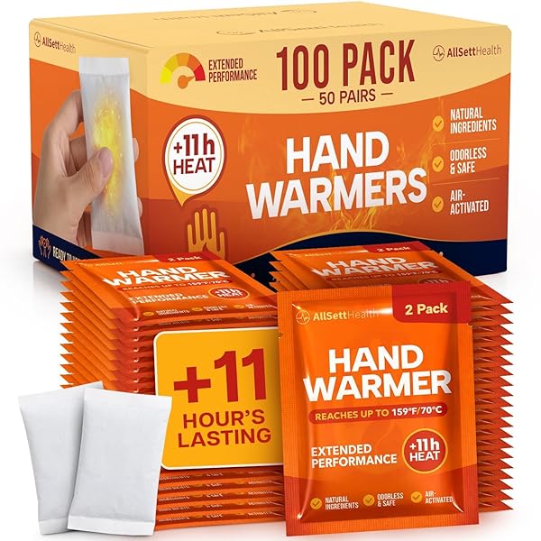 Hand Warmers Disposable Pack 50 Pairs (100 Warmers) 11+ Hour Air-Activated Hot Hands Hand Warmers Bulk - TSA Approved Pocket & Glove Warmers for Skiing