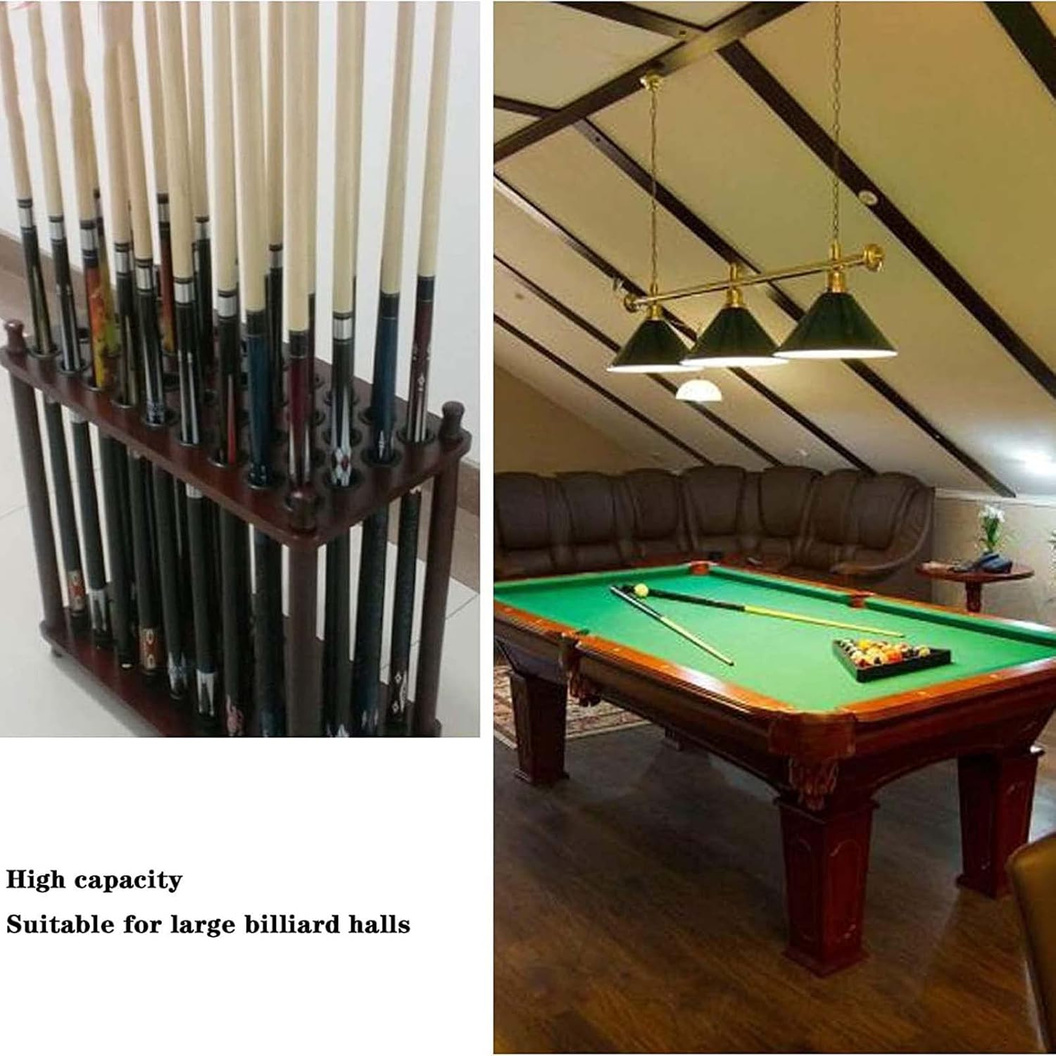 Billiard Cue Rack Stand, Holds 36 Cues, 20 Holes, 24x12x25in, Durable Brown Finish, Pool Cue Organizer for Billiards & Fishing Rods, Corner Storage Solution
