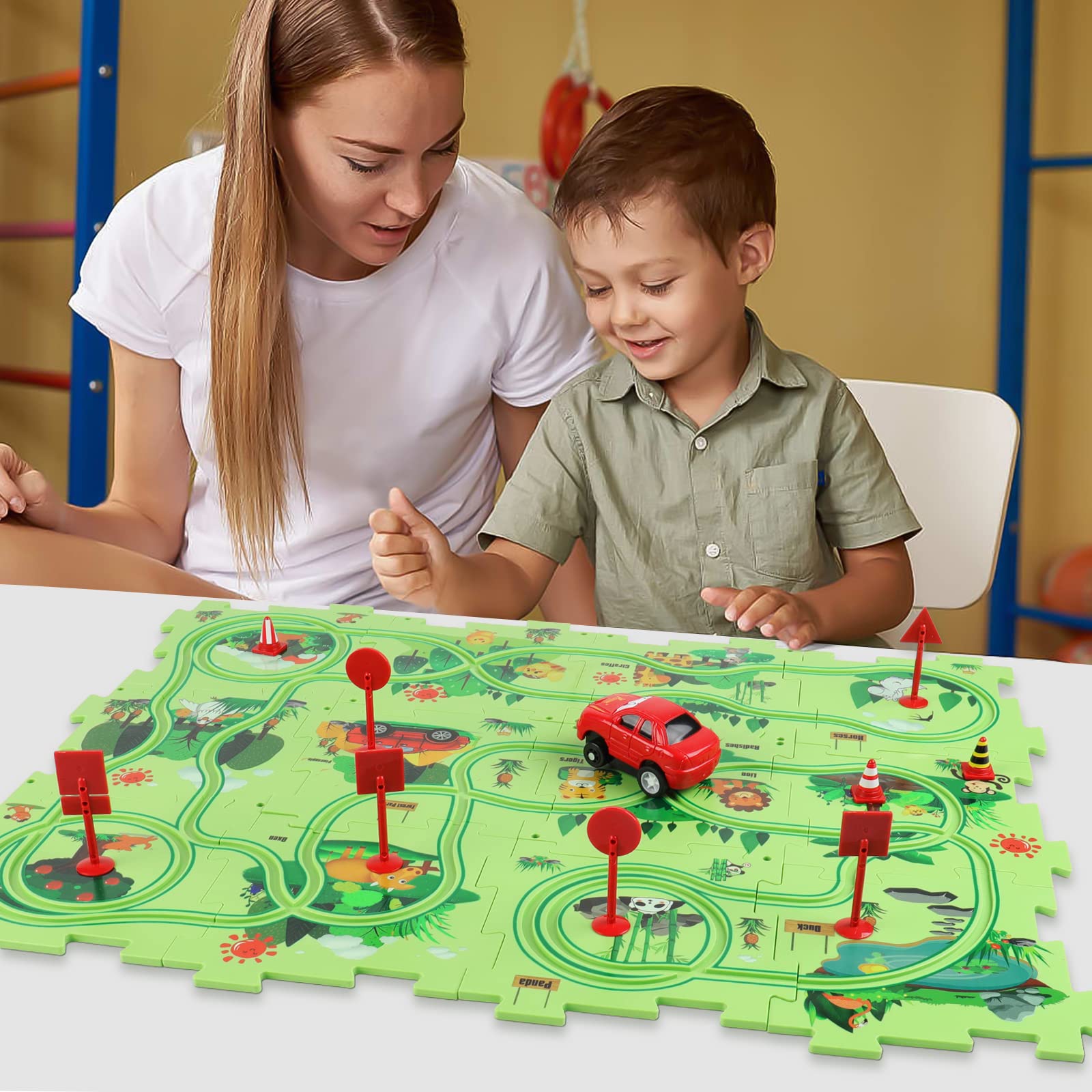 Plastique Jouet de Piste Puzzle Ensemble de Jeu pour Enfants 3-6 Rail Voiture Puzzle Piste avec Véhicule de Circuit Voiture pour Garçons Filles 3 4 5 6 Éducatif Montessori Jouet Cadeau