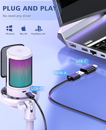 Miniatura 5 de NJSJ Micrófono USB para PC, micrófono de juegos para PS4PS5Macteléfono, micrófono de condensador con silencio táctil, iluminación RGB brillante,