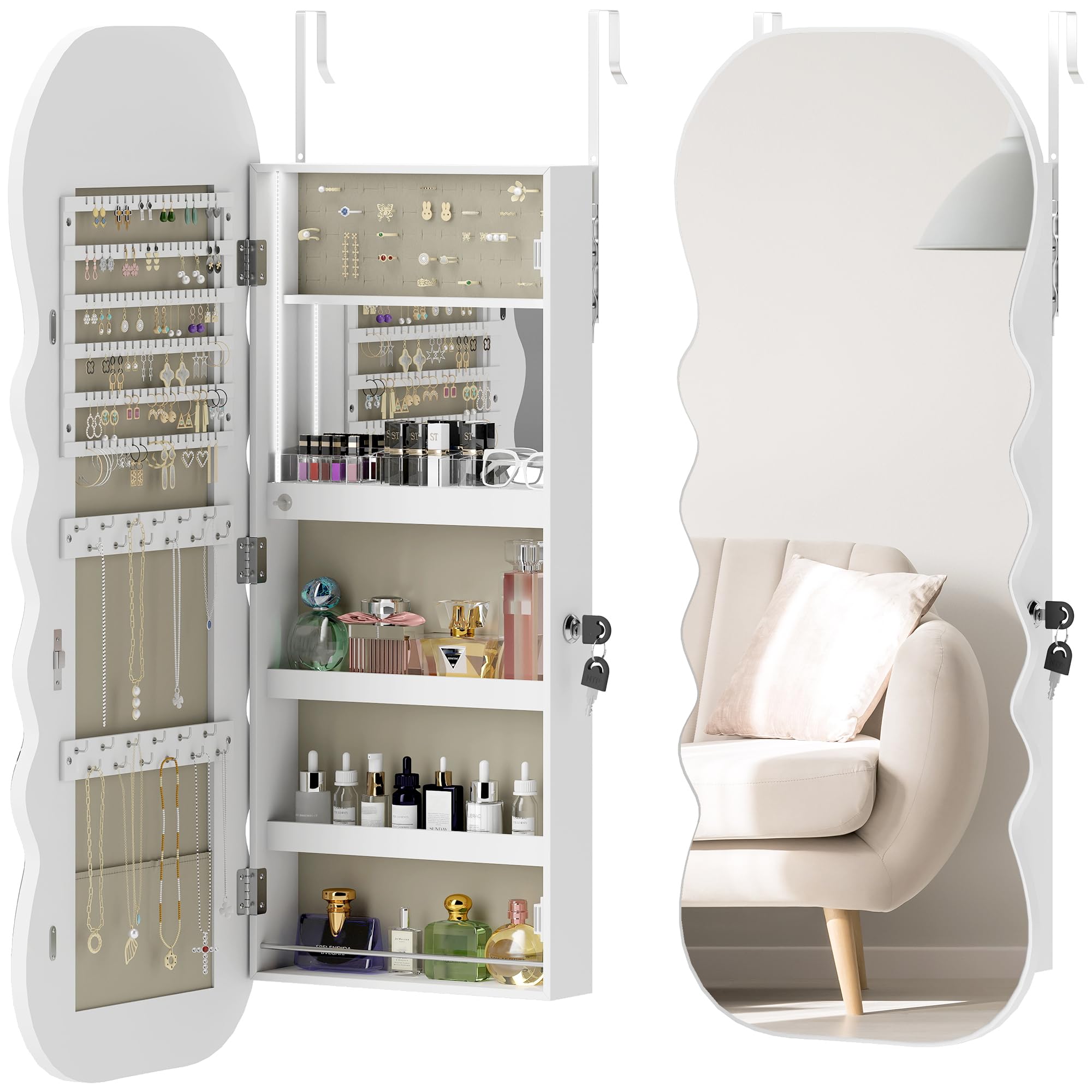 HOMCOM Espejo Joyero con Luz LED 3 Colores, Armario para Joyas Montado en Pared, Espejo Entero, Blanco