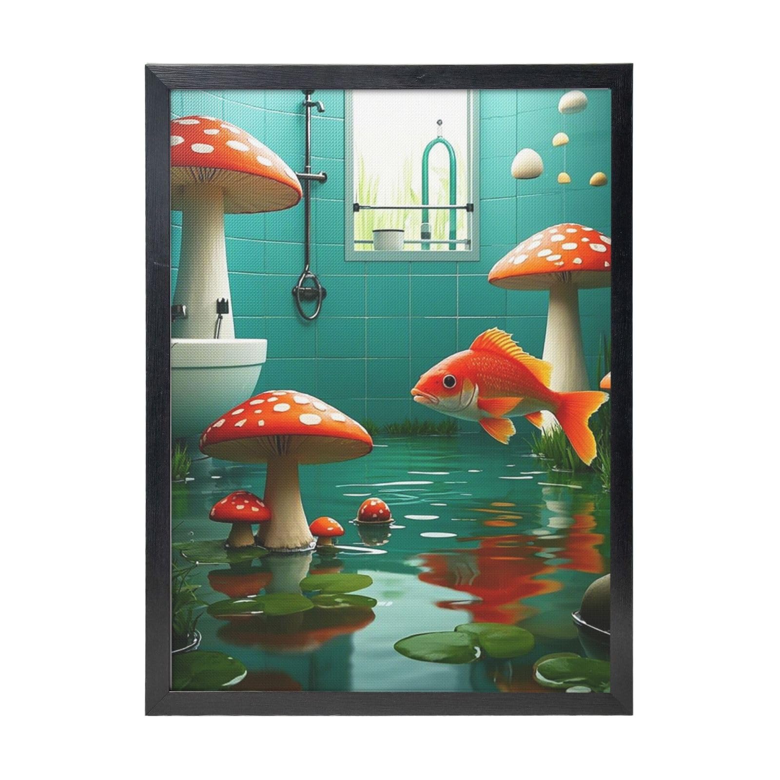 Framed Wall Art - Decorative Canvas Painting Redfish and Mushroom Fantasy River Belt Ponds Pictures Poster Aesthetic Modern Prints Artwork for Bedroom Office Wall Decor Ready To Hang 12x16 in