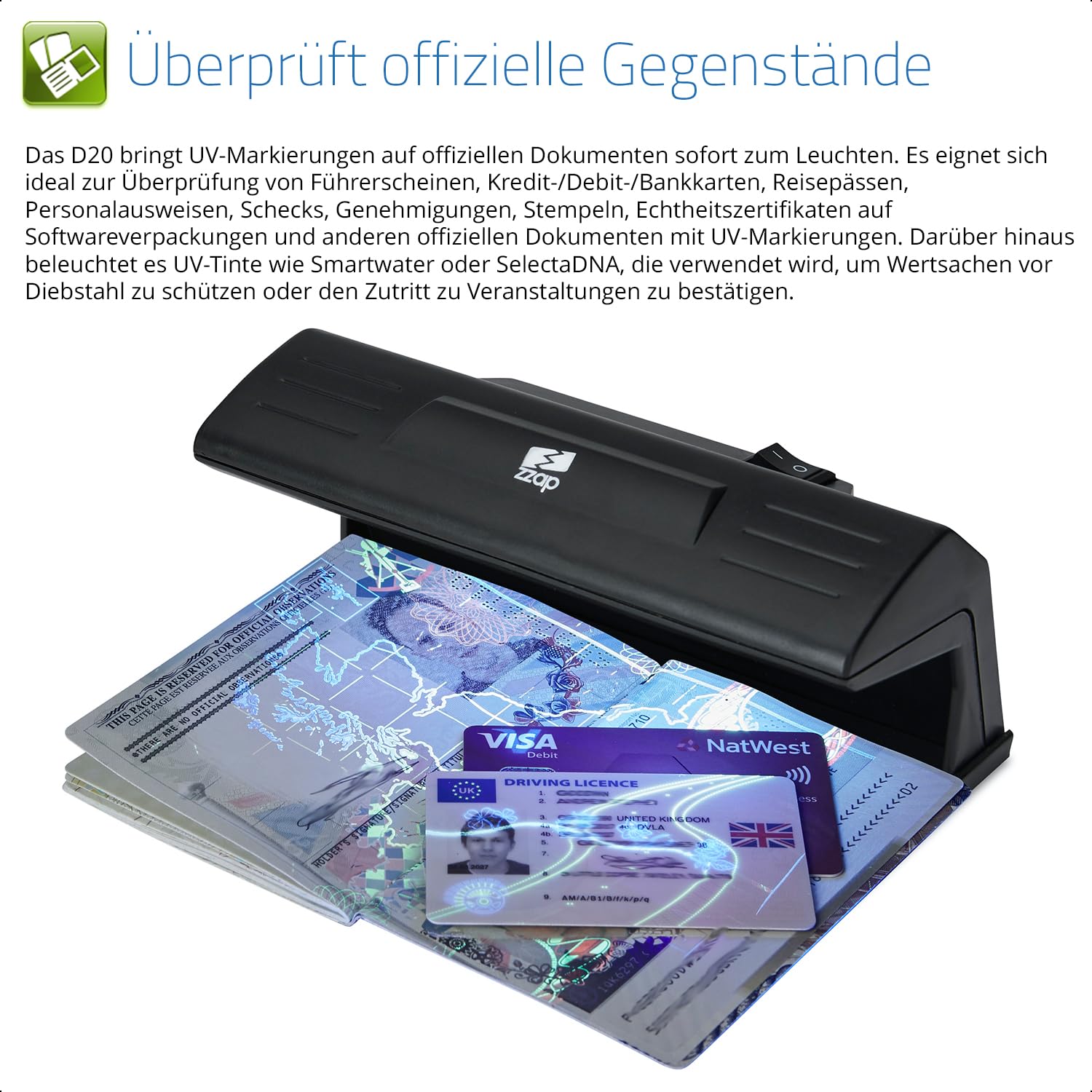 The ZZap D20 – Falschgeld Prüfer – UV-Erkennung mit einer 9-Watt-Long-Life-Glühbirne, ideal zum Überprüfen von Währung, offiziellen Artikeln und mehr