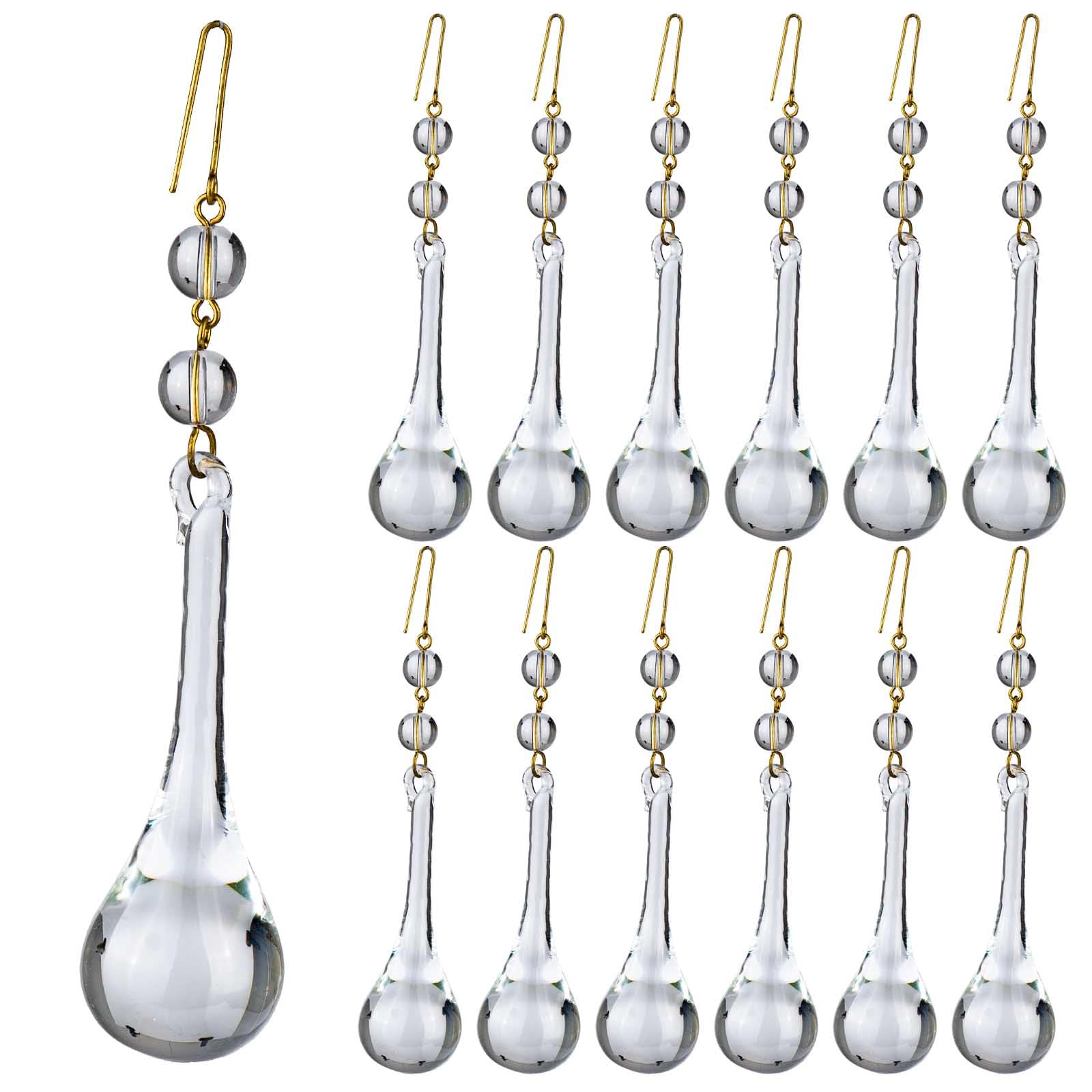 12pcs 2.5" Colorful Crystal Raindrop with Round Beads Connected Chandelier Prisms Pendants Lamp Curtain DIY Suncatcher Parts (Clear Beads with Gold