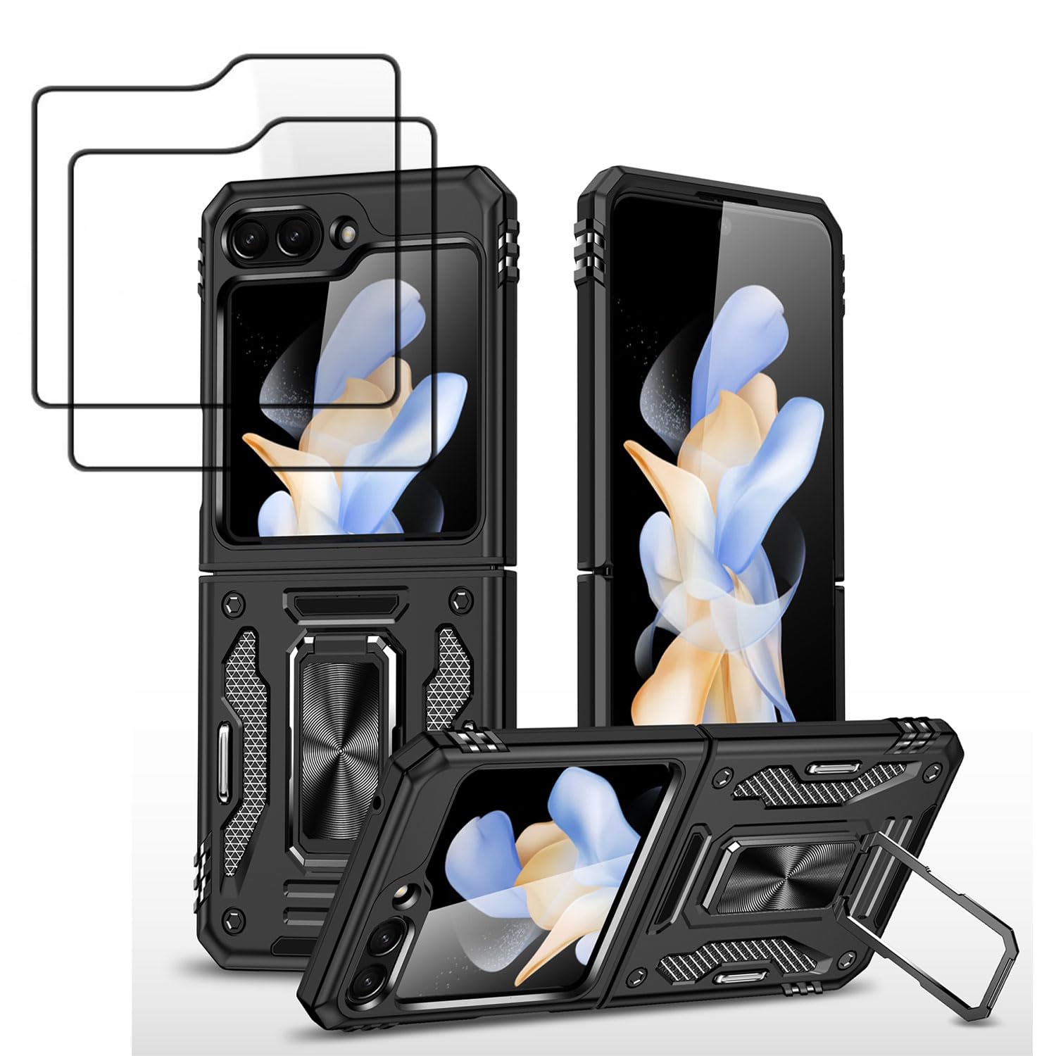 PUCHEN[1+2] for Samsung Galaxy Z Flip 5 Case with Tempered Glass Screen Protector (2 PCS), HD Screen Protector, Magnetic Ring Kickstand Military Grade Shockproof Case (Black)