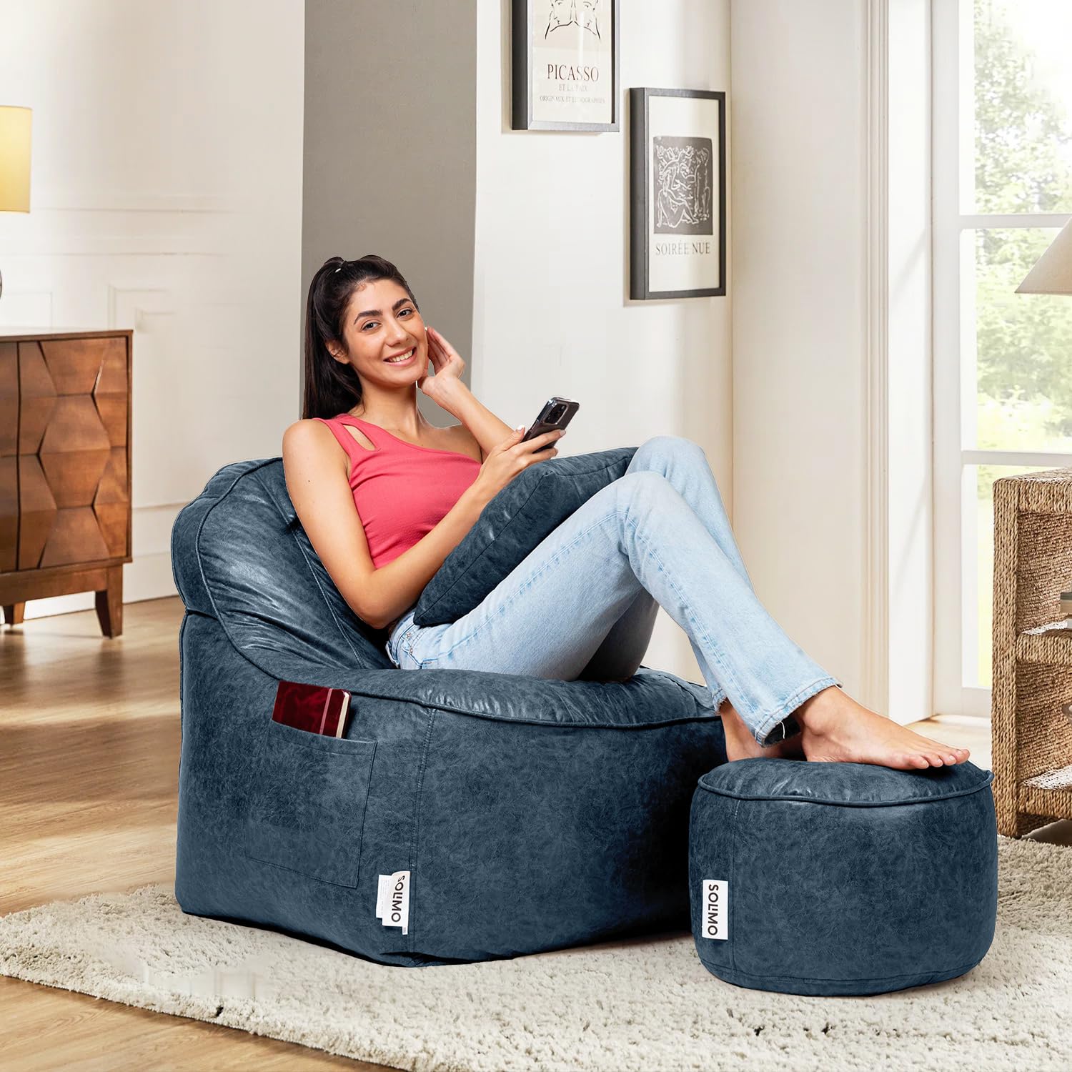 Amazon Brand - Solimo Premium Faux Suede Lounger Bean Bag Combo with Footrest & Cushion, Filled with Beans | Capacity: Upto 6 Ft 3 in Height, 120 KG Weight | Navy Blue Textured-image-35