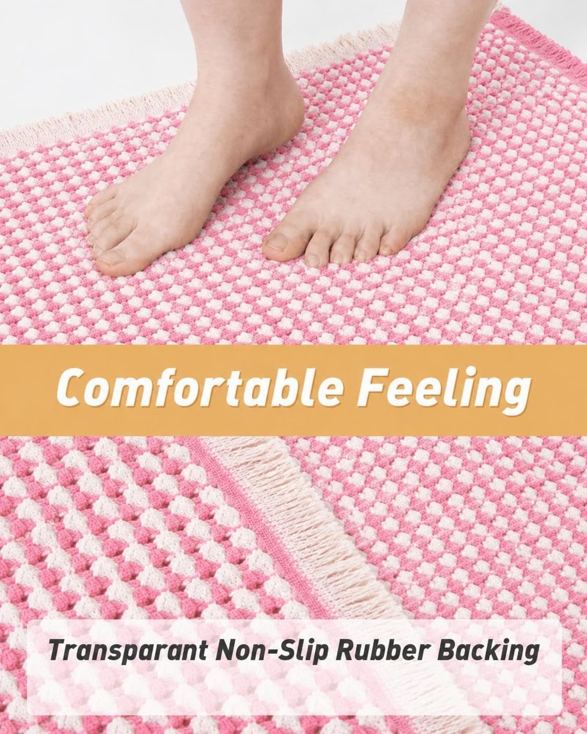 Alfombra de baño gofrada mejorada ultrasuave, súper absorbente y antideslizante con borlas, bordes ribeteados, lavable a máquina, con Base de goma para baño, co, Rosa, 46x76 cm (Rettangolare)