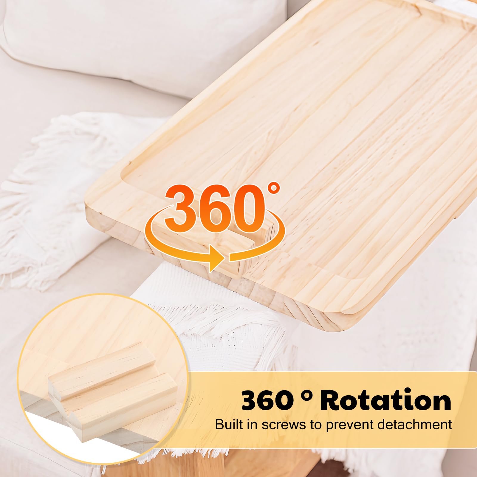 Plateau Accoudoir Canapé Pliable - Bois De Pin - Support Phone Rotatif 360° - Anti-Dérapant - 39x25cm