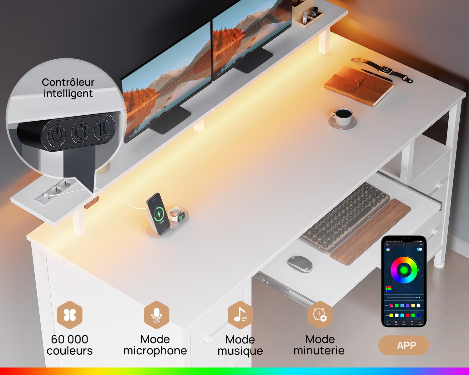 Seventable Bureau Gaming 120 cm avec Intégrée, LED RGB, Bureau avec Rangement et 4 Tiroirs en Tissu, Plateau Clavier Ergonomique et Support Écran, Blanc
