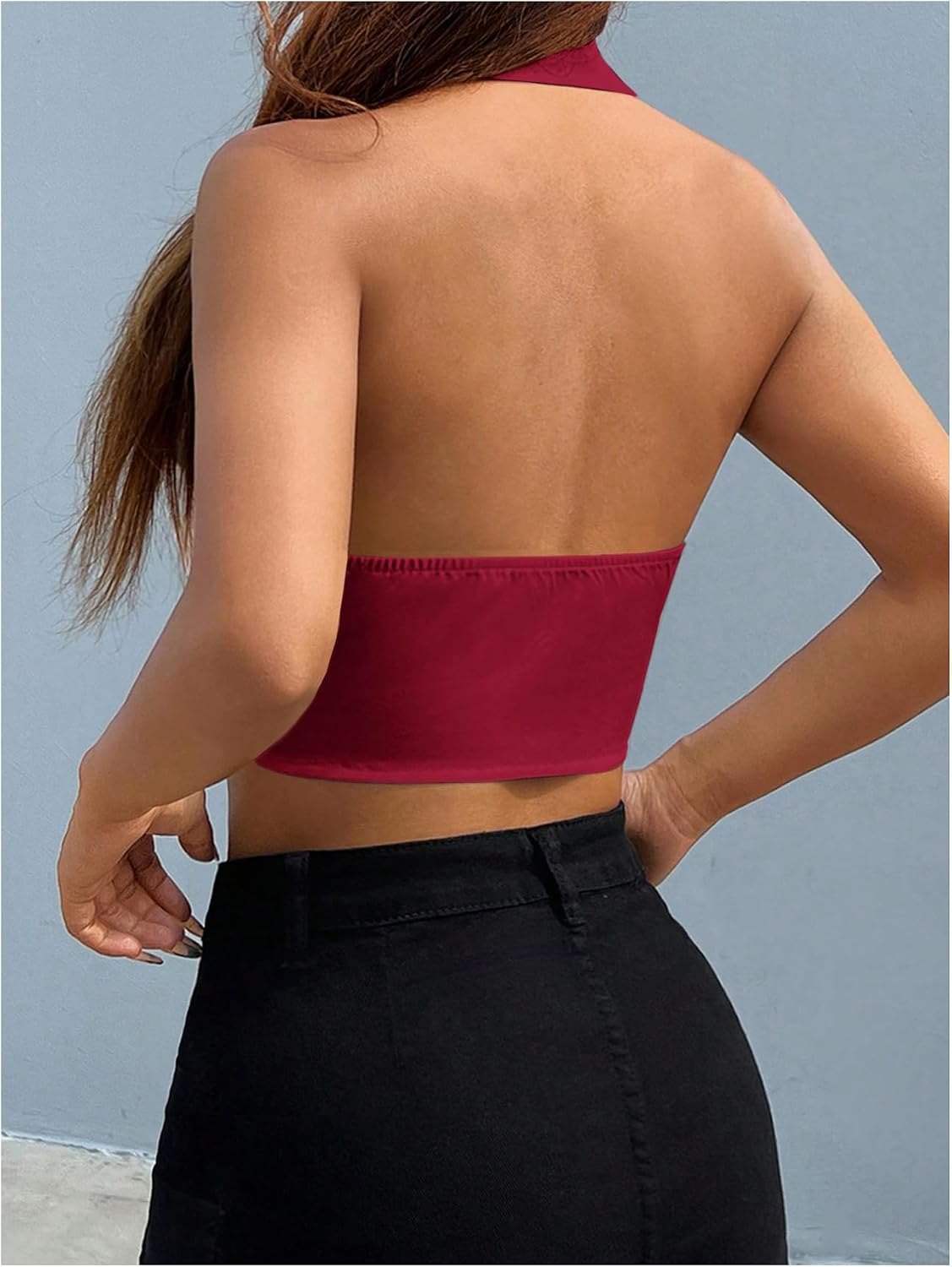 MakeMeChic Women's Halter Vest Tops Summer Button Down Asymmetrical V Neck Sleeveless Crop Tops