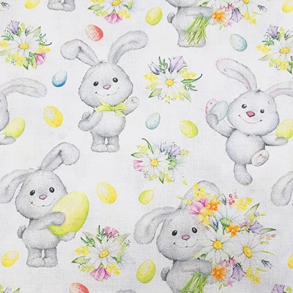 Cotton Fabric - Cute Easter Bunny Eggs & Spring Floral - Craft Fabric Material Metre