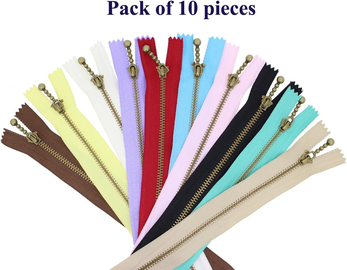 Metal Zippers 10 Pcs - #3 Antique Brass Close-end 6 Inch (15 cm), Assorted Color
