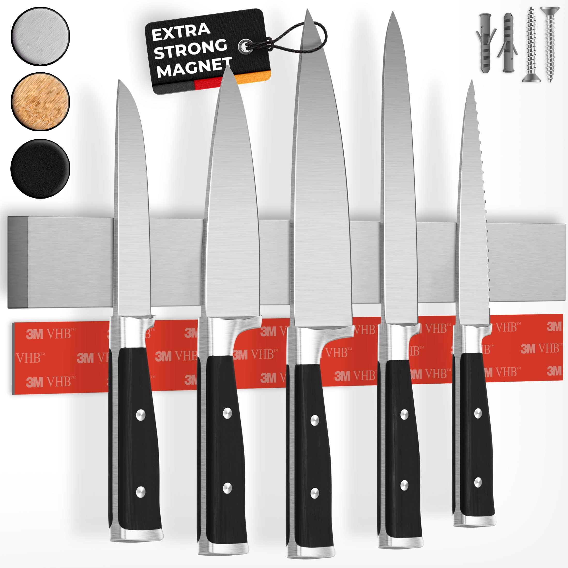 Magnetic Knife Holder for Wall - 40cm (16") incl. Self Adhesive Magnetic Strip, Extra Strong Knife Magnets for Walls, Magnetic Knife Rack with Optional Installation Made of Stainless Steel