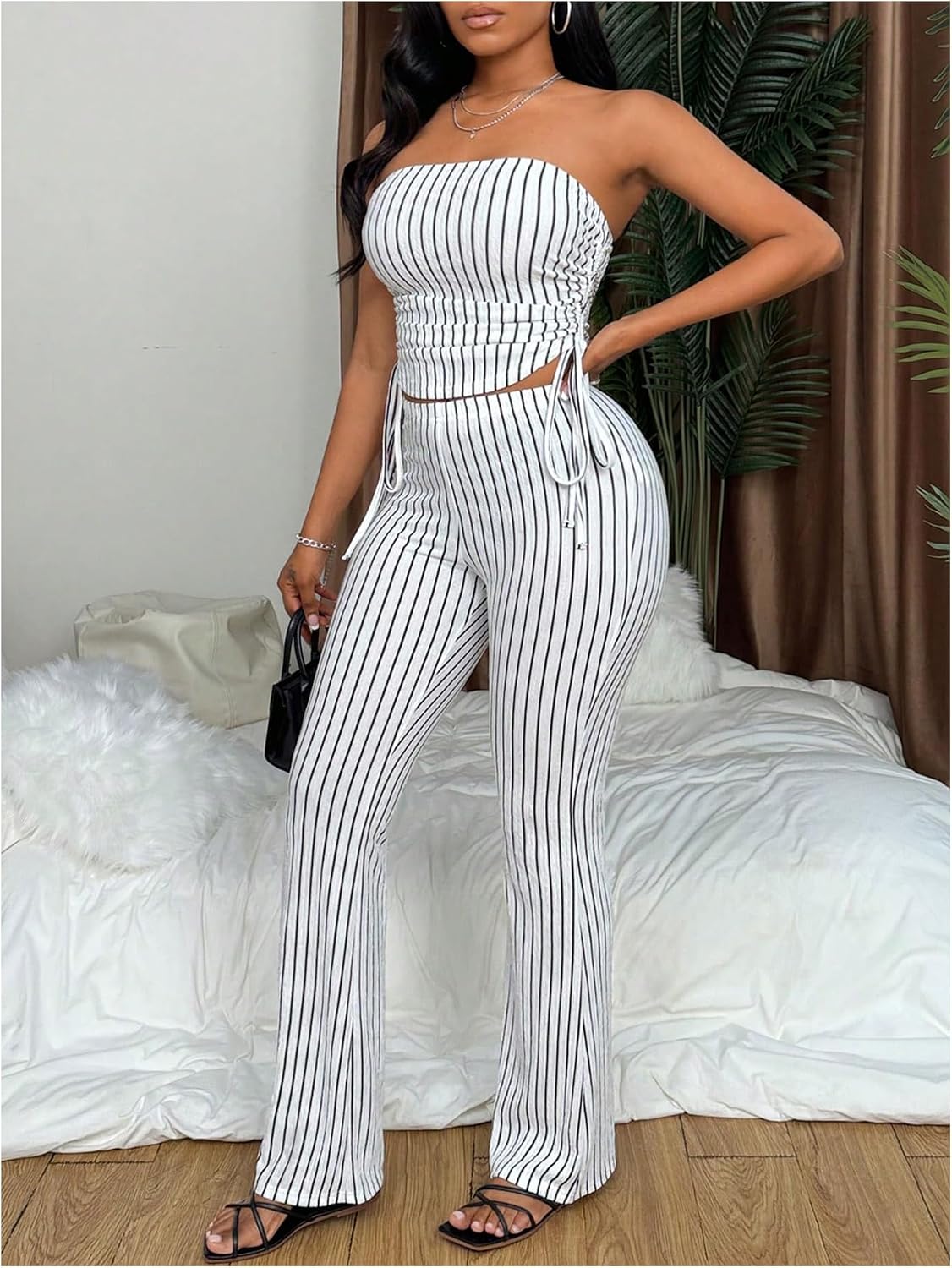 GORGLITTER Women's 2 Piece Sets Summer Striped Strapless Crop Top and Flared Bell Bottom Pants Set Going Out Outfits