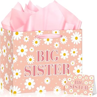Big Sister Gift Bag for Girls, Pink Daisy Flower Big Sister Gift Bag with Tissue Paper and Greeting Card Daisy Flower Wrapping Paper New Sister Party Decor for Little Girl Birthday Party Supplies