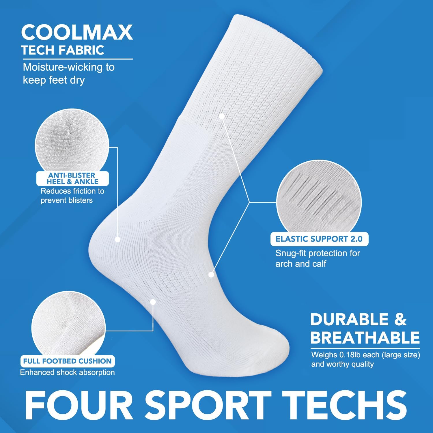 Cushioned Crew Socks, Moisture Wicking Breathable Cotton Athletic Running Sport Socks for Men Women, 4-Pack - Image 3