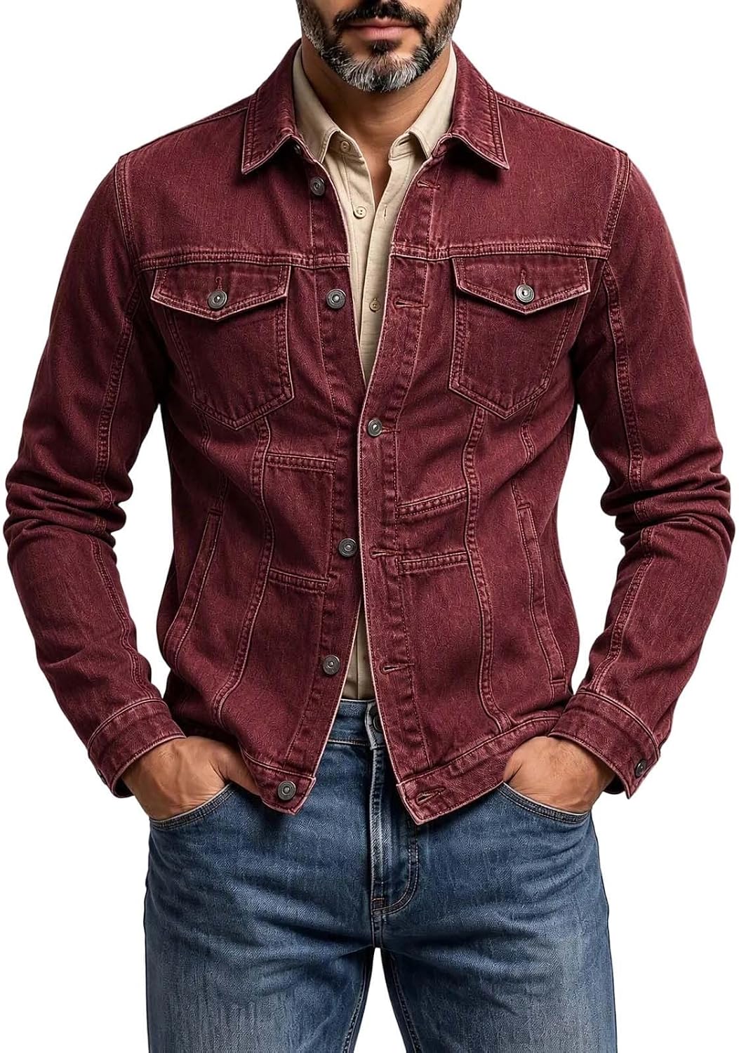 Men's Button Down Denim Jacket Collared Long Sleeve Trucker Coat