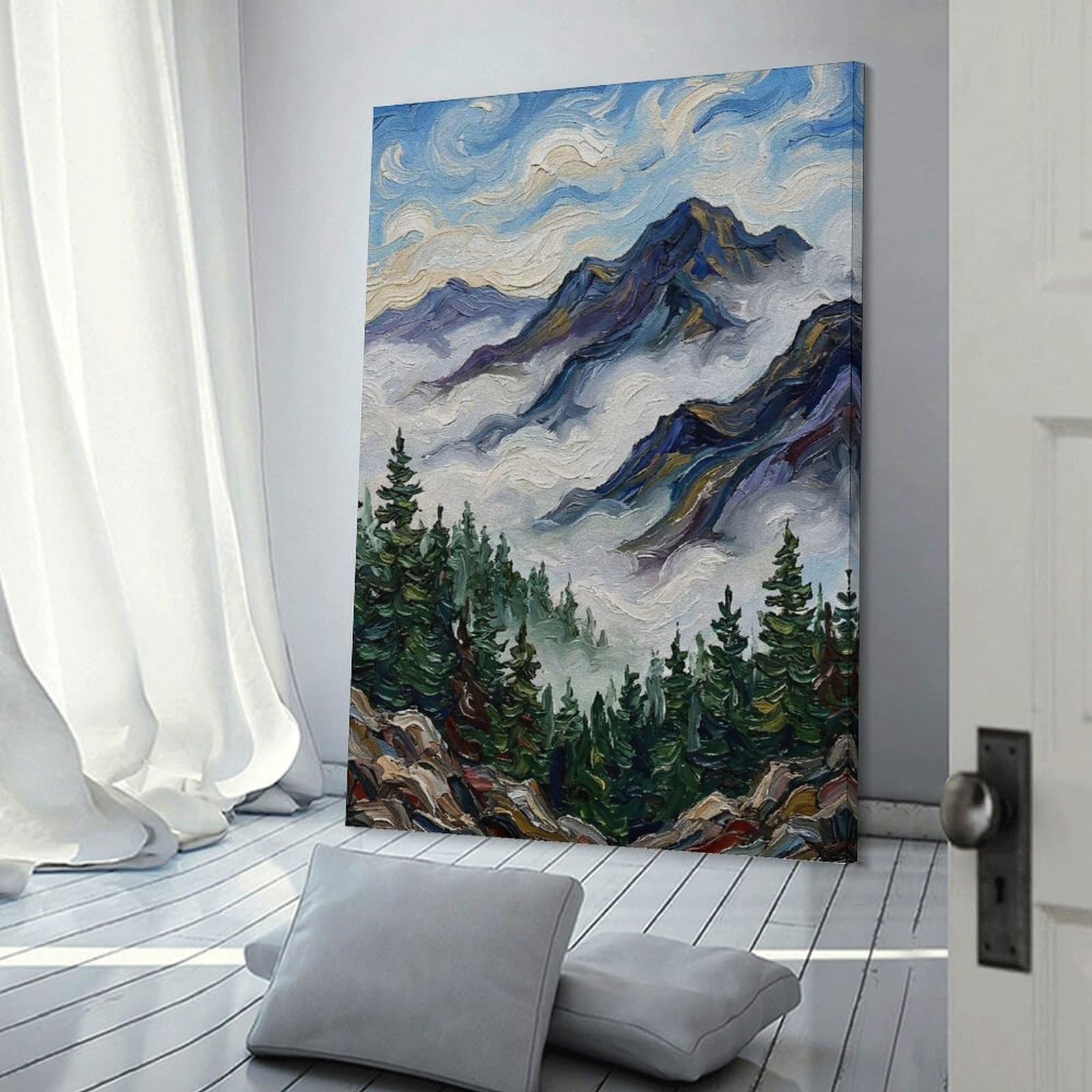 Junmoney Canvas Wall Picture Misty Mountain Landscape Painting, 20x30inch(50x75cm), for Bedroom Decor, Cosy Corners Or Studios, A Warm Accent for Relaxed Interiors